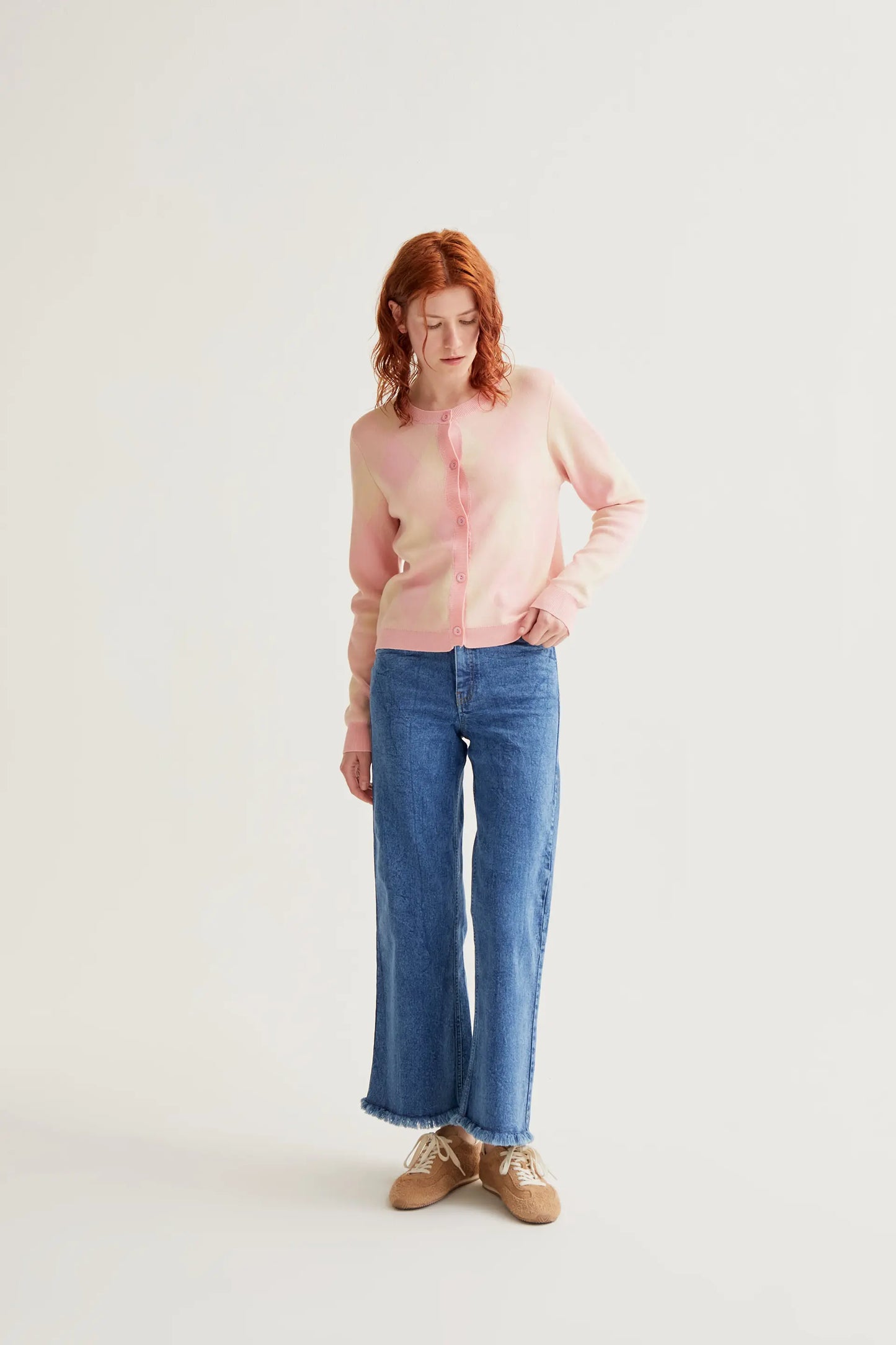 Cárdigan punto con estampado rombos rosa