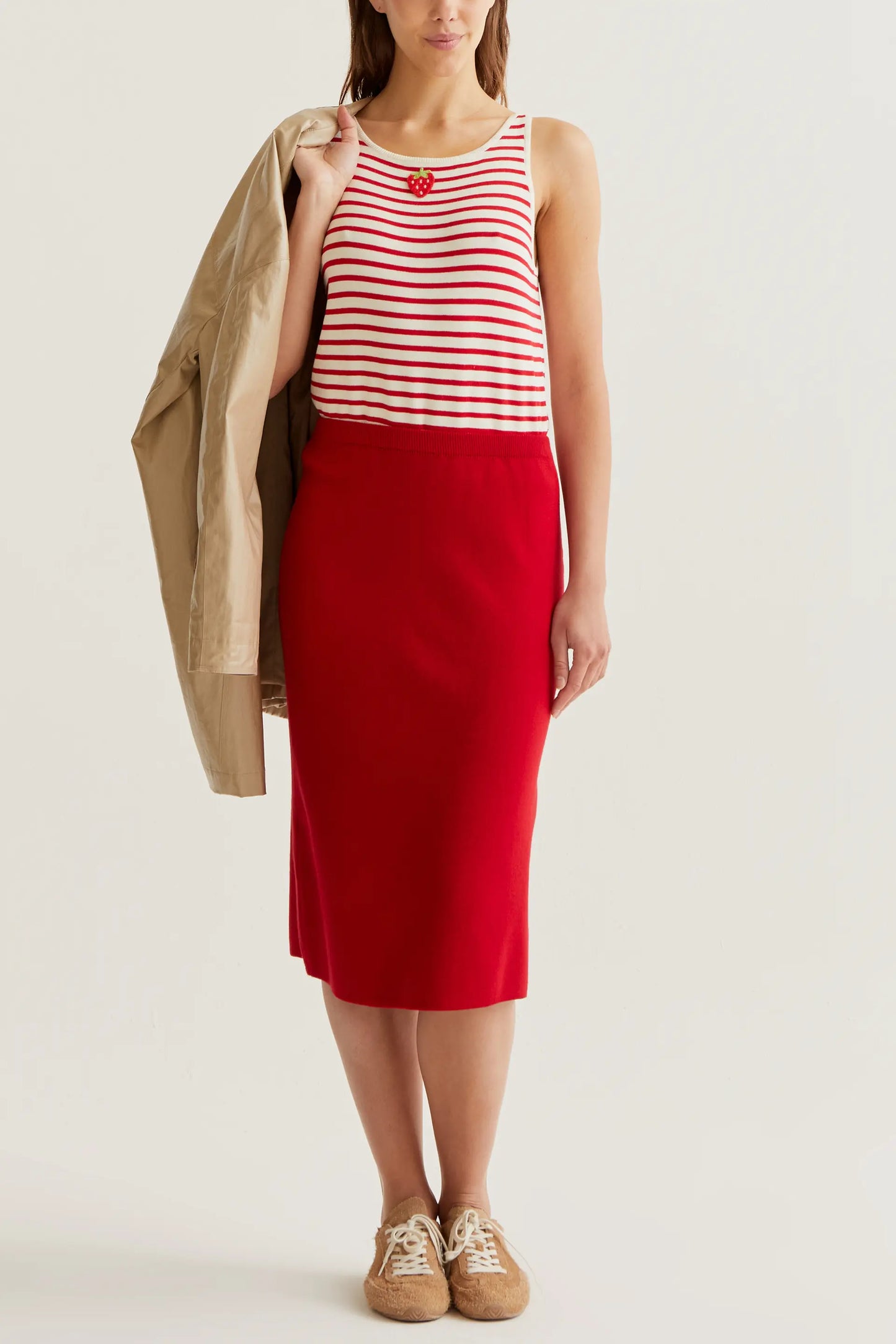 red knit midi skirt