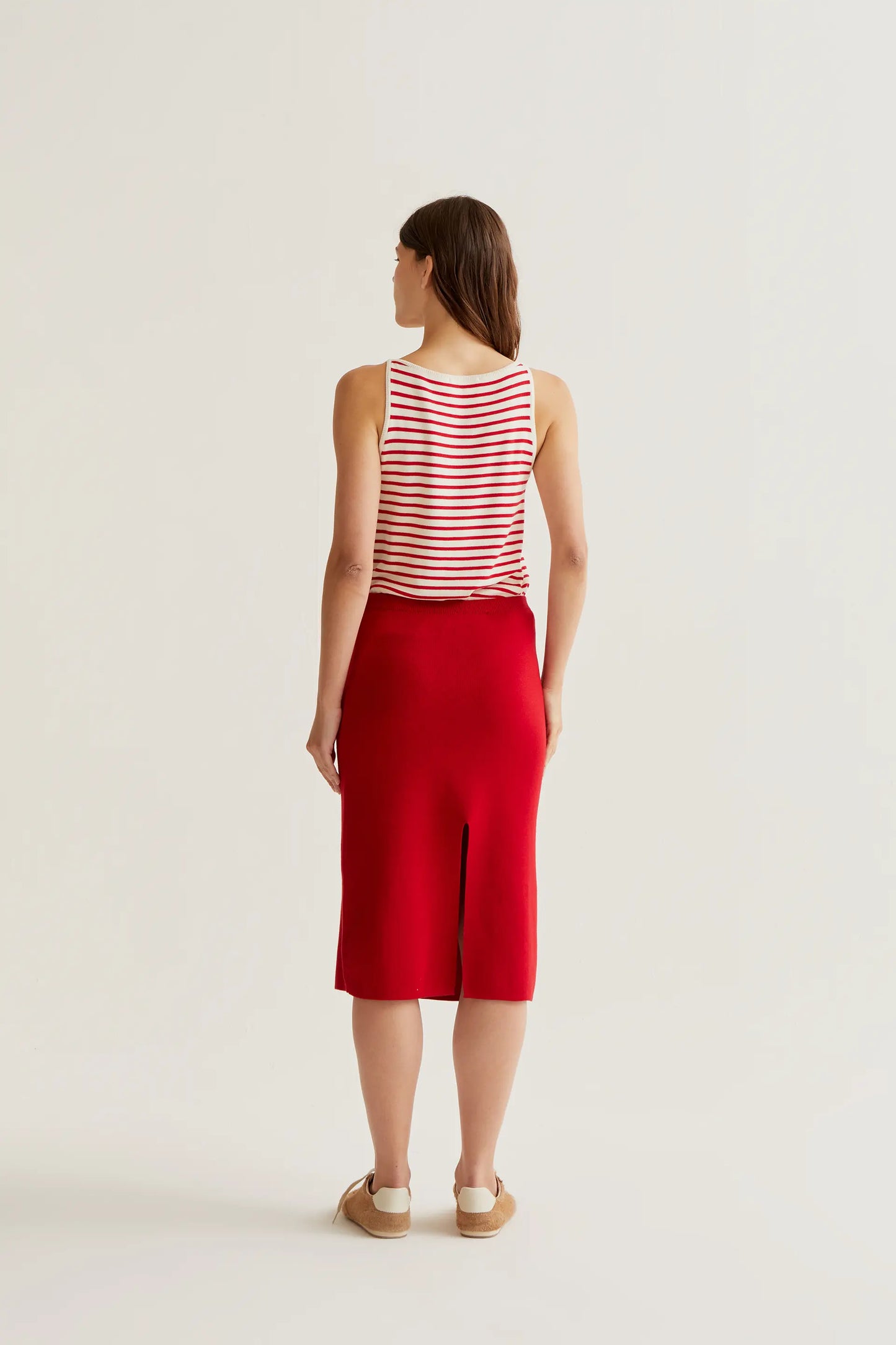 red knit midi skirt