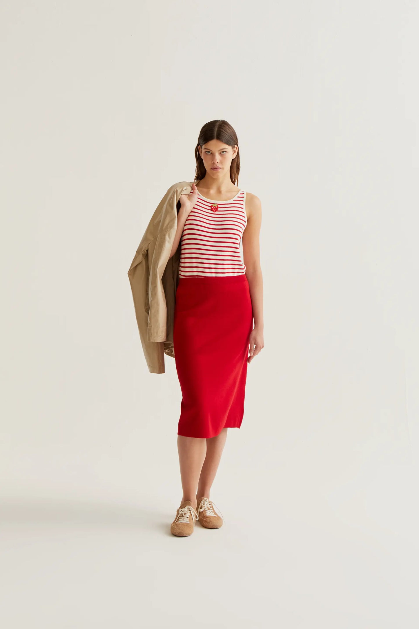 red knit midi skirt