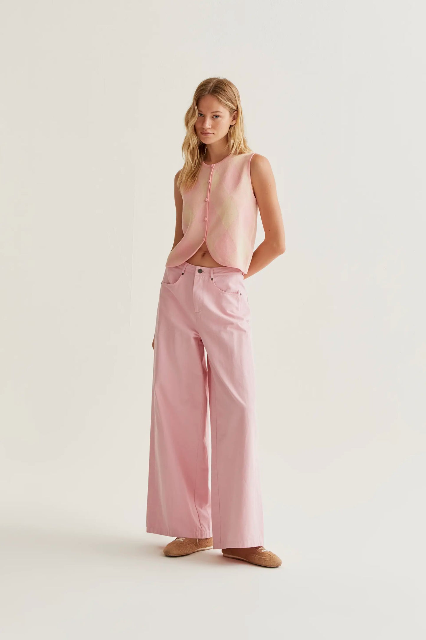 Top de punto con estampado de cuadros rosa