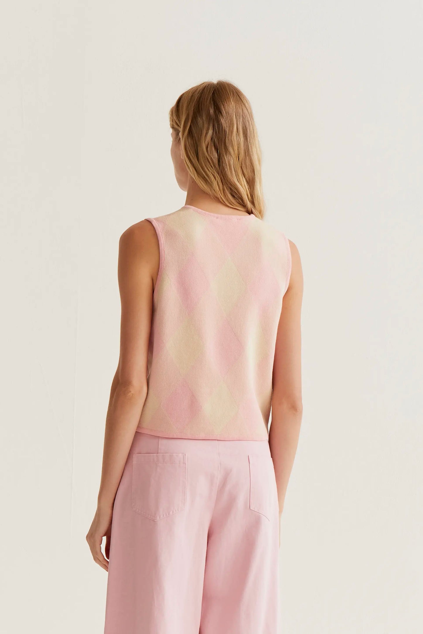 Top de punto con estampado de cuadros rosa
