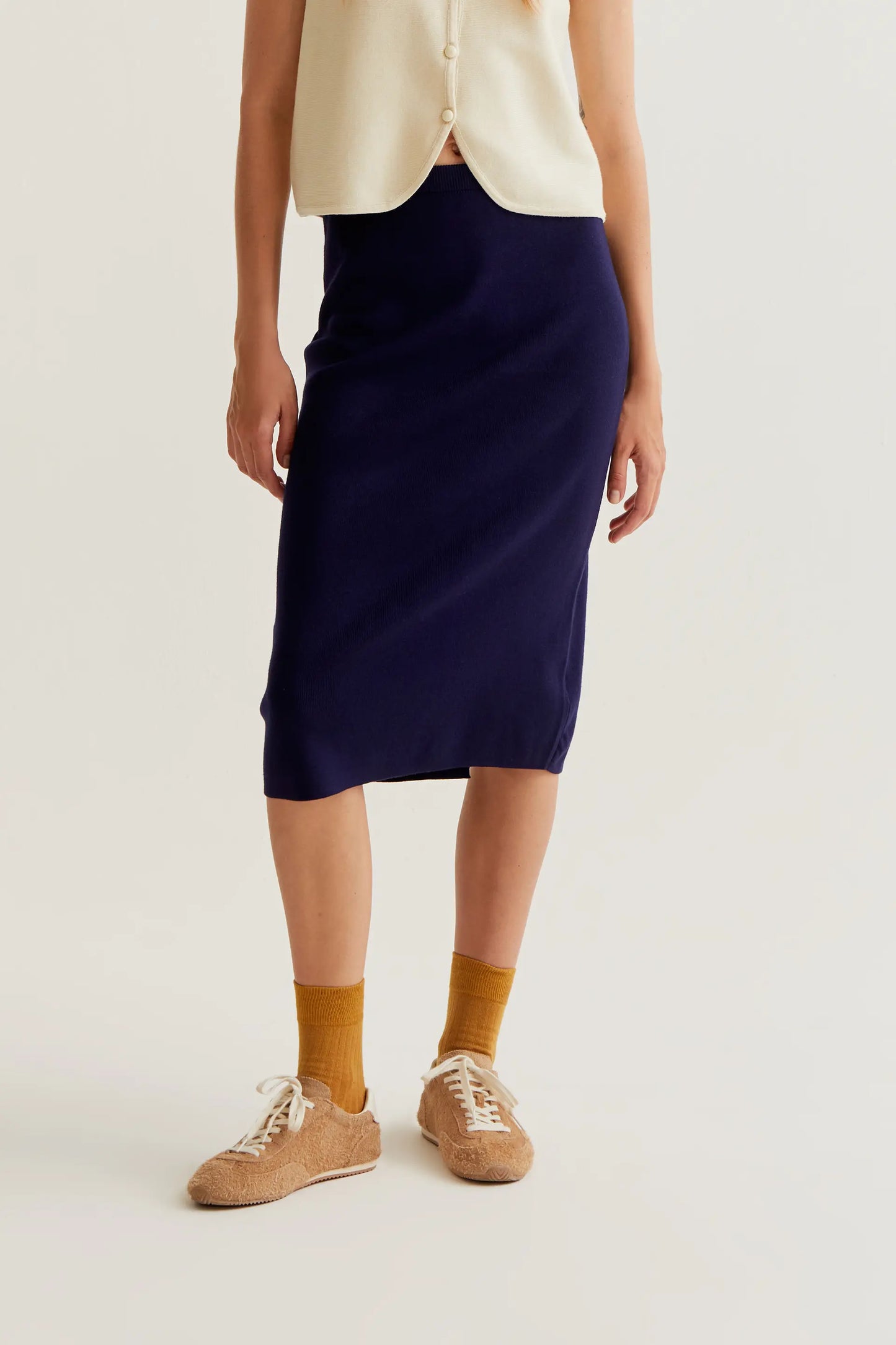 Navy blue knit midi skirt