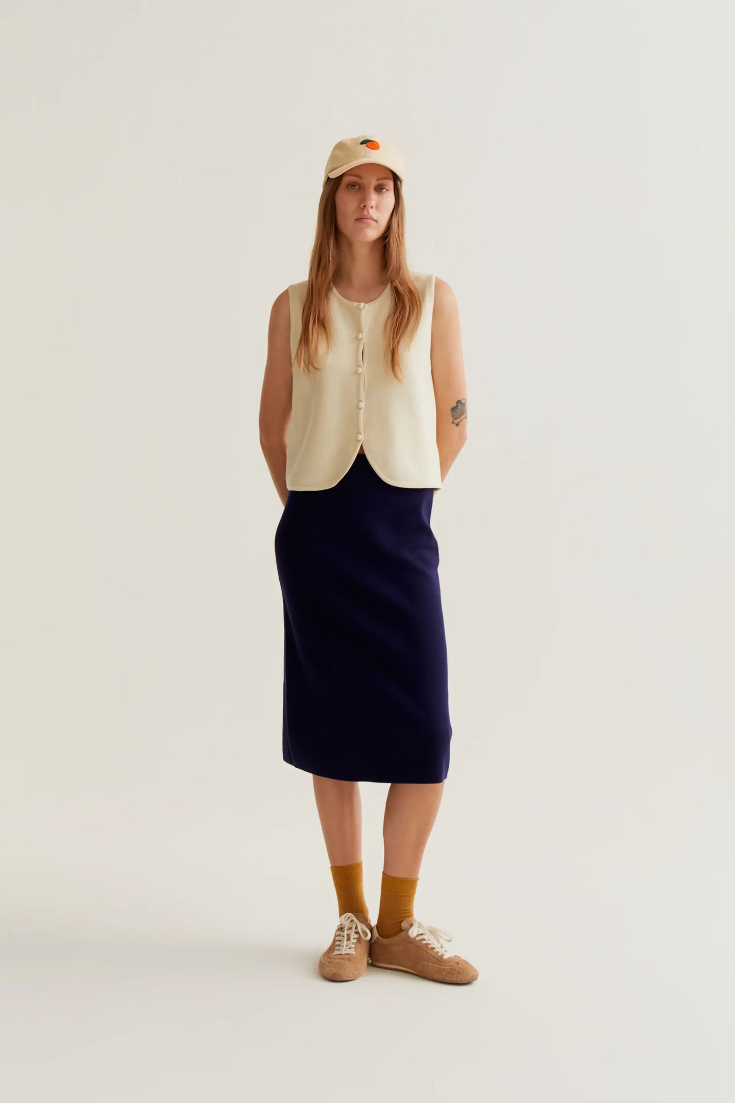 Navy blue knit midi skirt