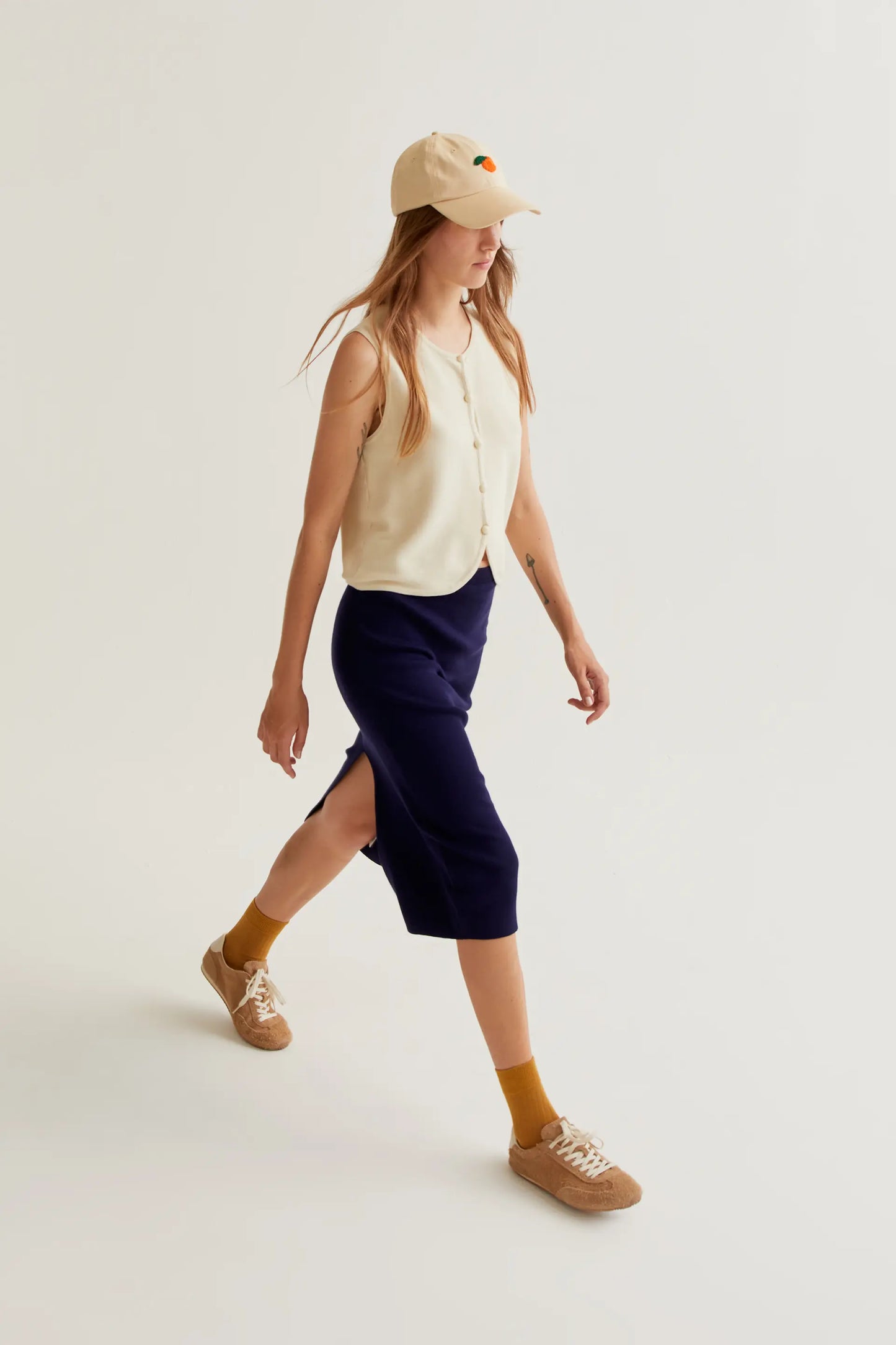 Navy blue knit midi skirt