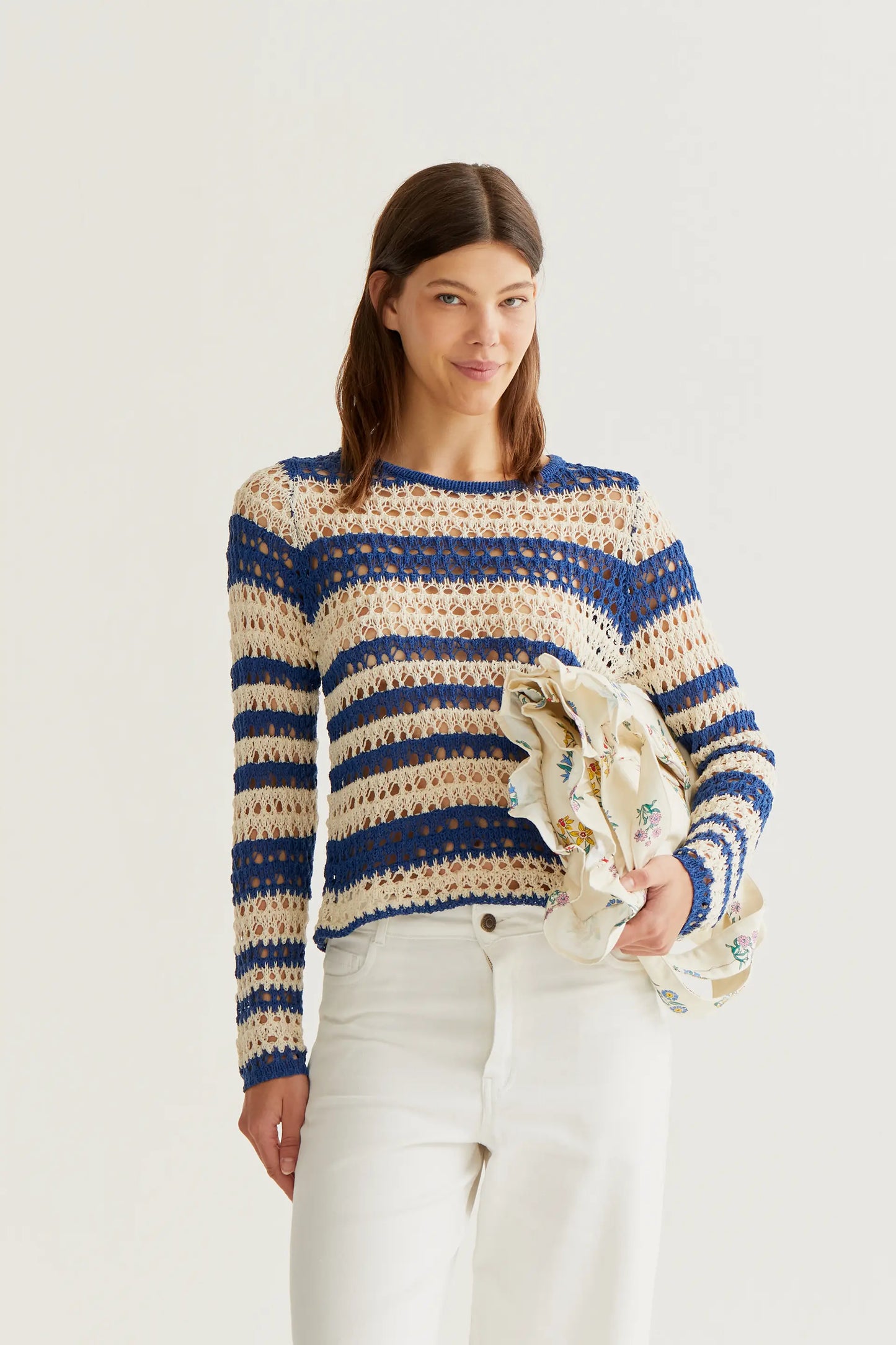 Top punto calado con rayas blanco y azul