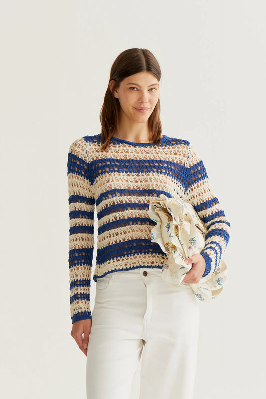 Top punto calado con rayas blanco y azul