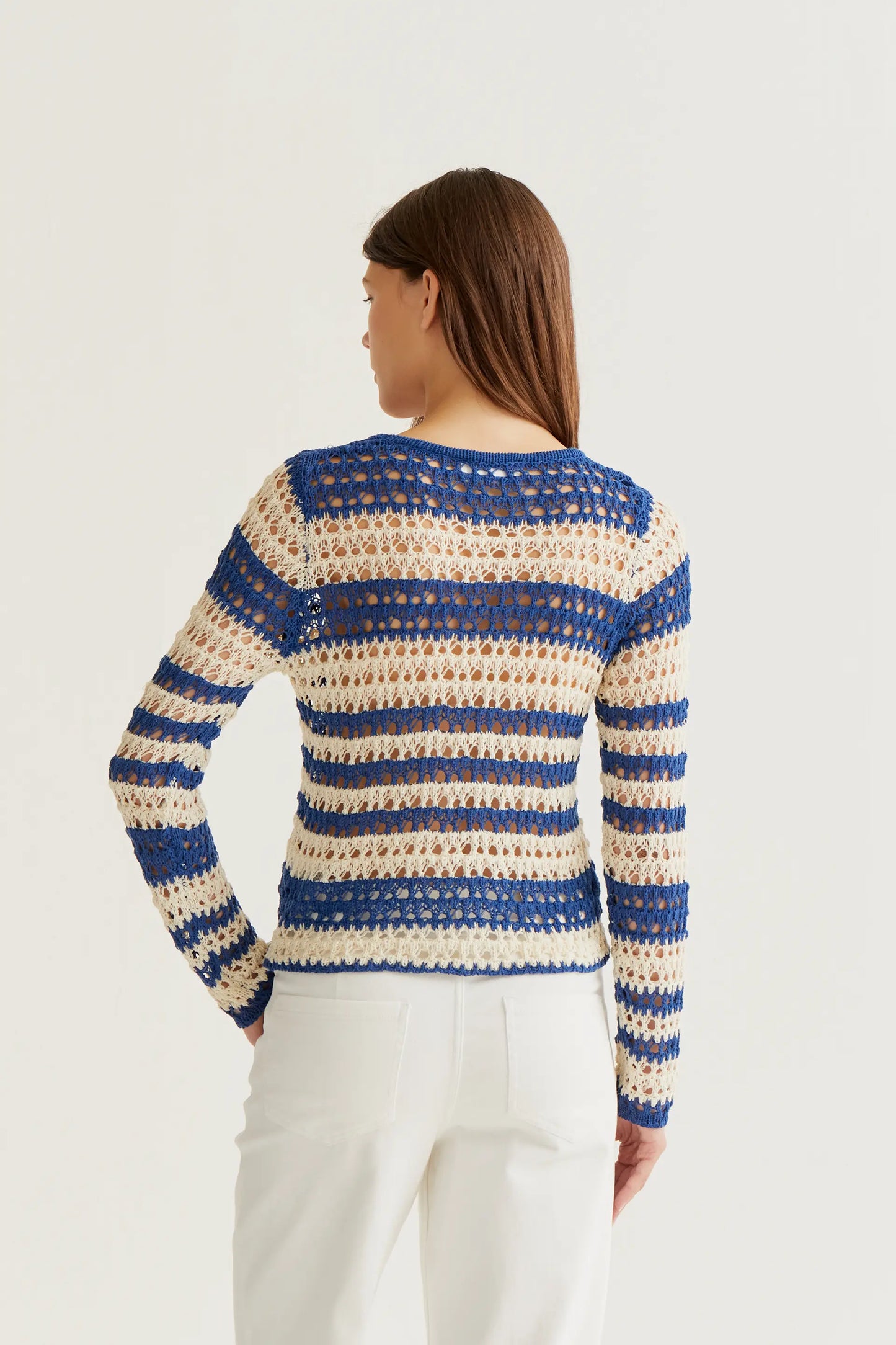 Top punto calado con rayas blanco y azul