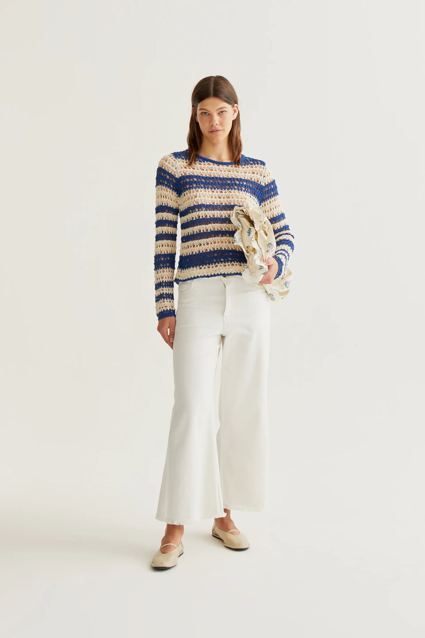 Top punto calado con rayas blanco y azul