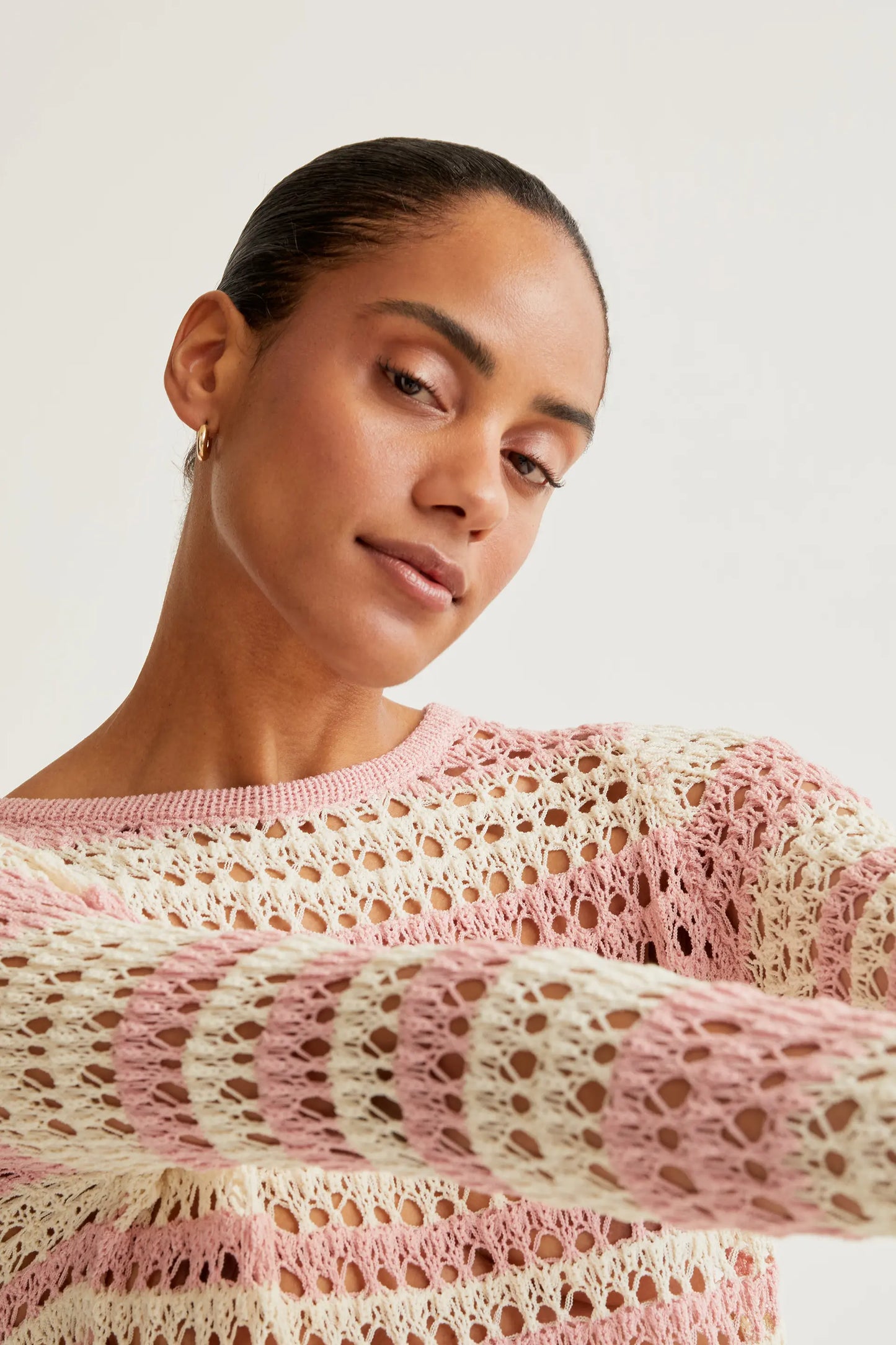 Top punto calado con rayas blanco y rosa