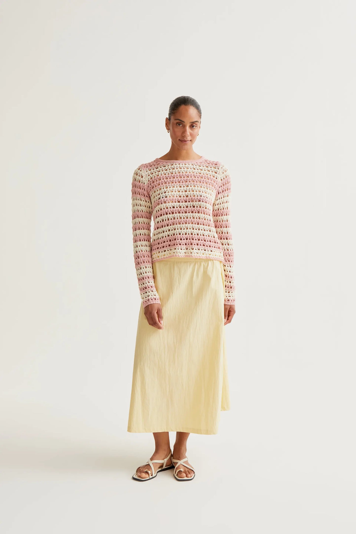 Top punto calado con rayas blanco y rosa