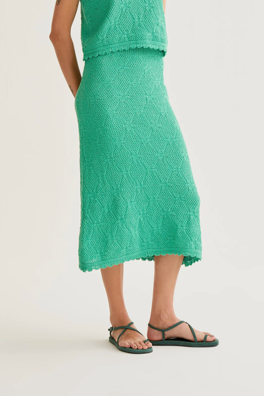 Falda midi con bordado encadenado verde