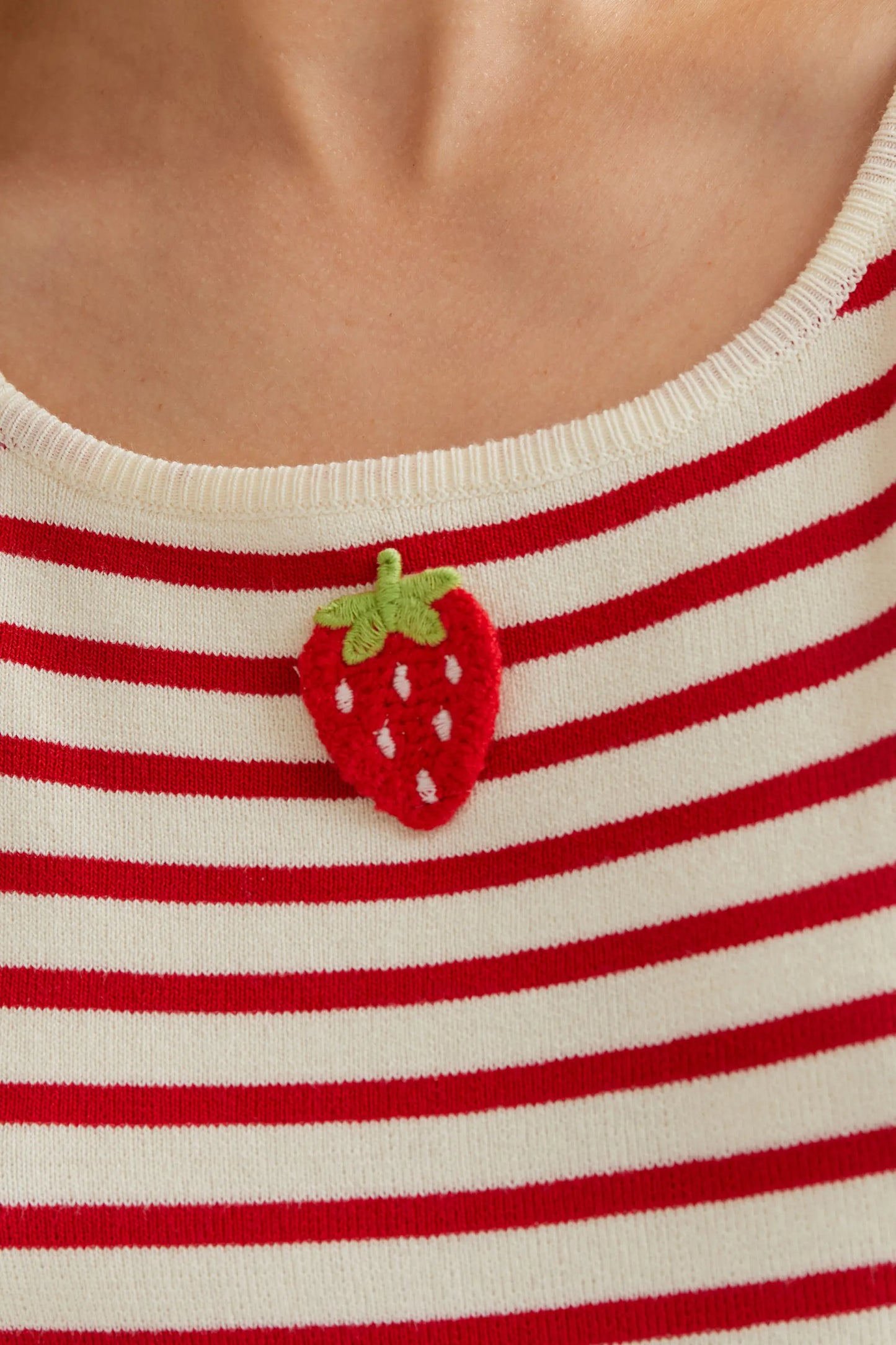 White and red striped top with strawberry embroidery