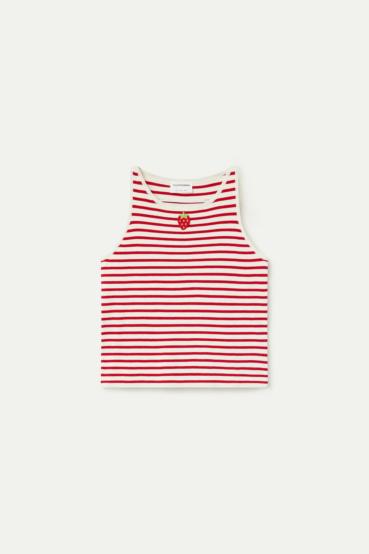 White and red striped top with strawberry embroidery