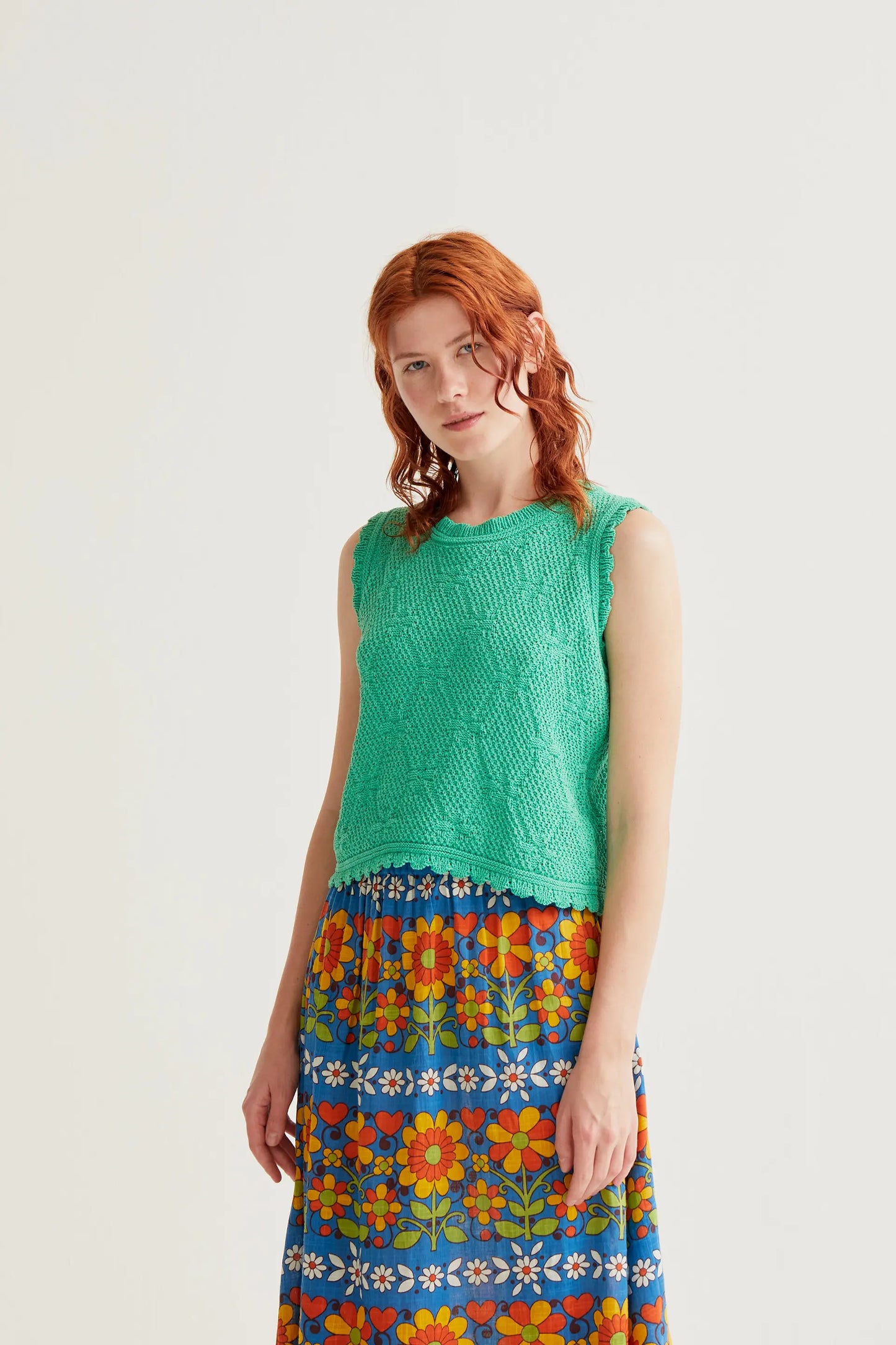Green chain-stitched embroidered top