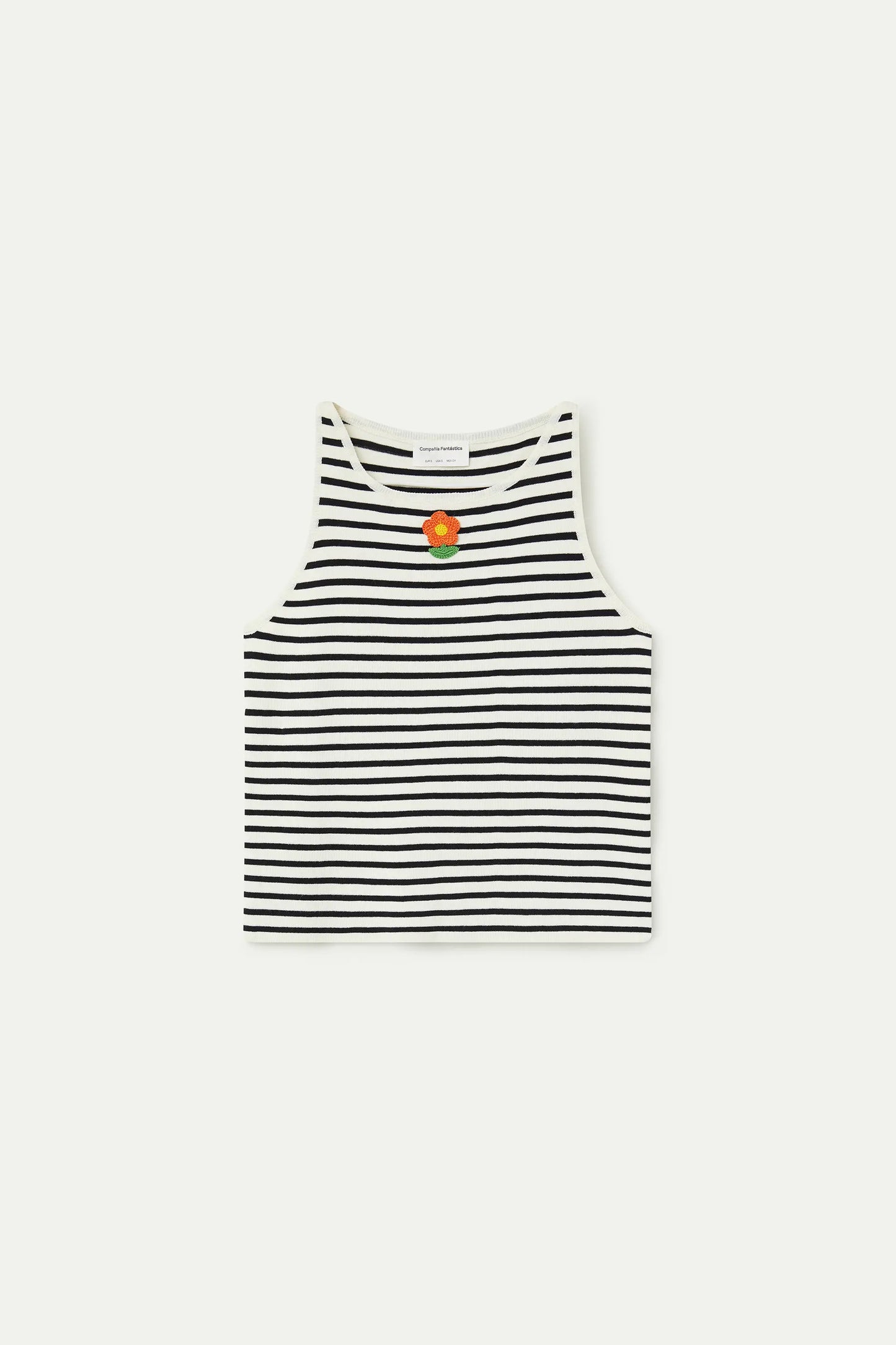 Black and white striped top with floral embroidery