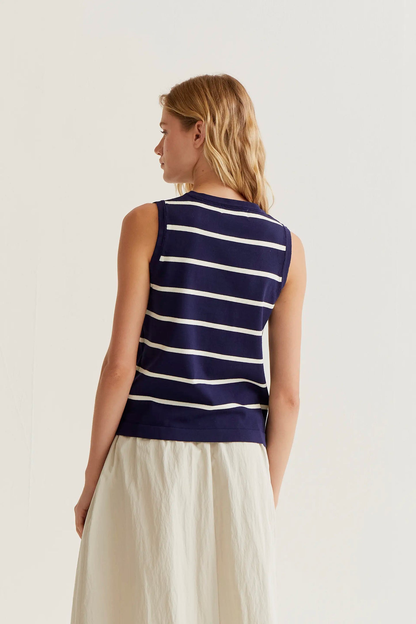 Knitted vest with navy and white striped print