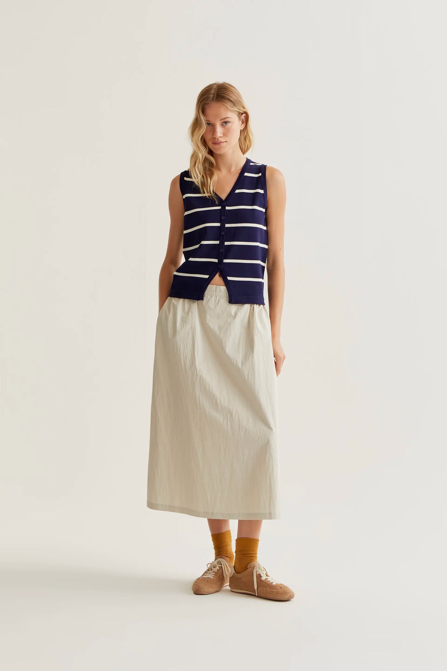 Knitted vest with navy and white striped print
