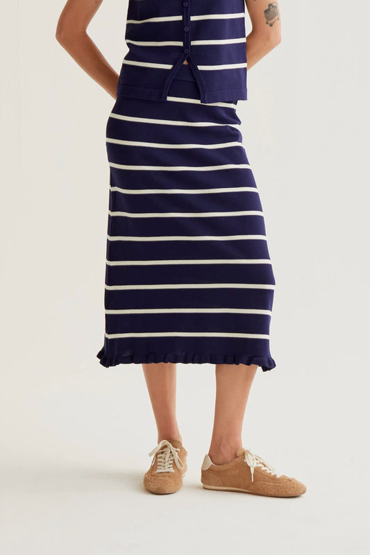 Falda midi  de punto con estampado de rayas azul marino y blanco
