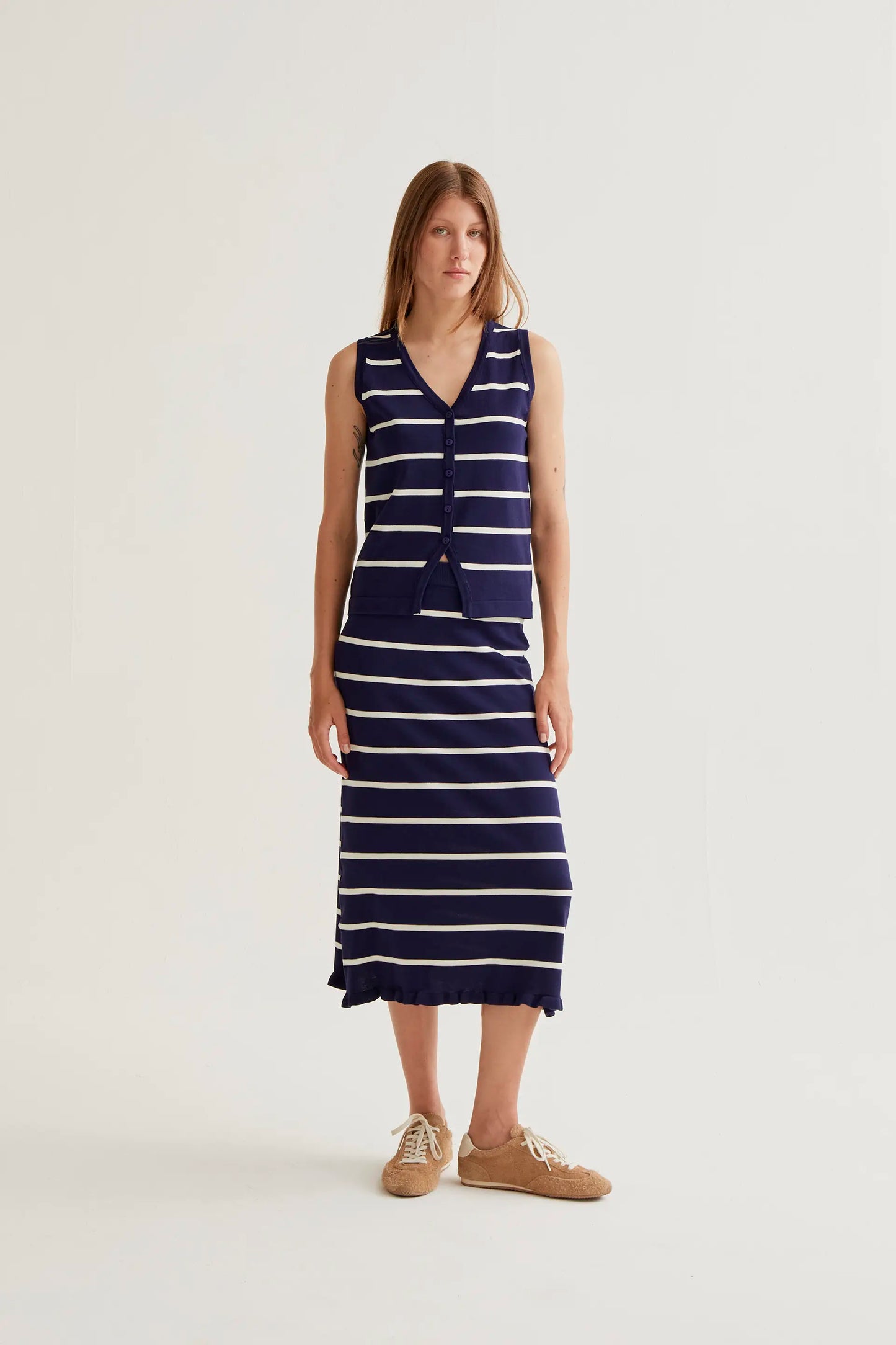 Navy and white striped knit midi skirt