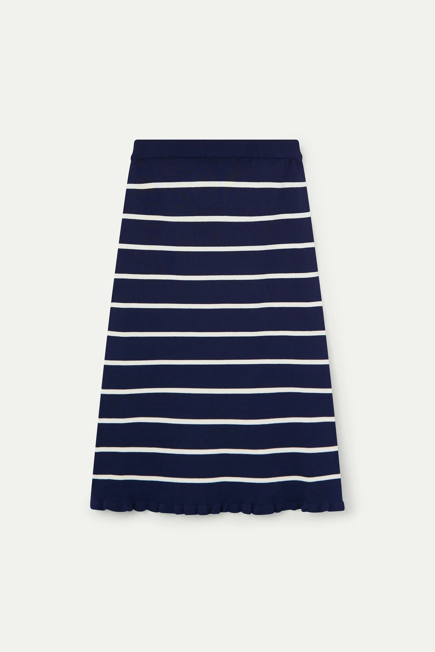 Navy and white striped knit midi skirt
