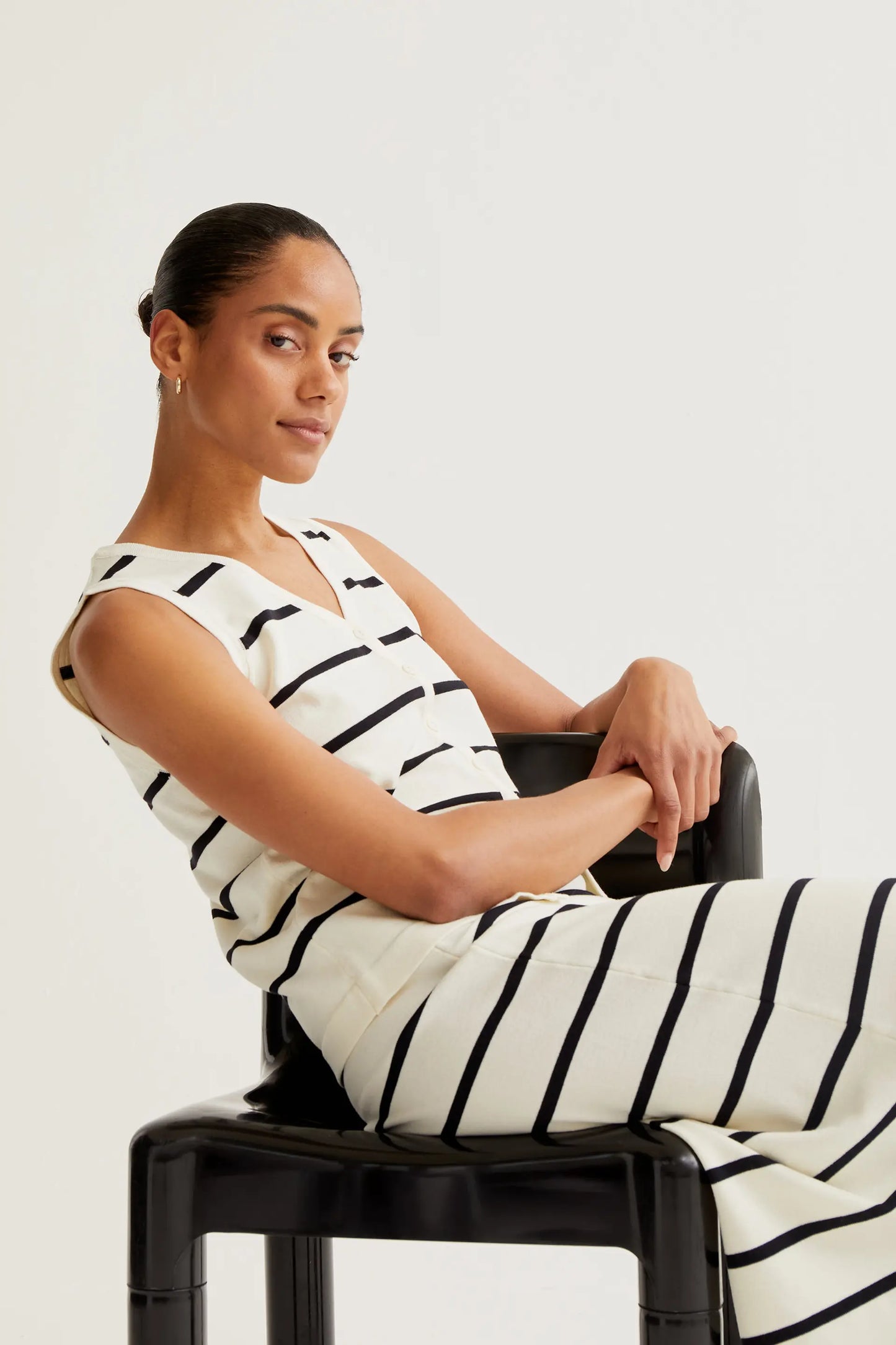 Black and white striped knit midi skirt