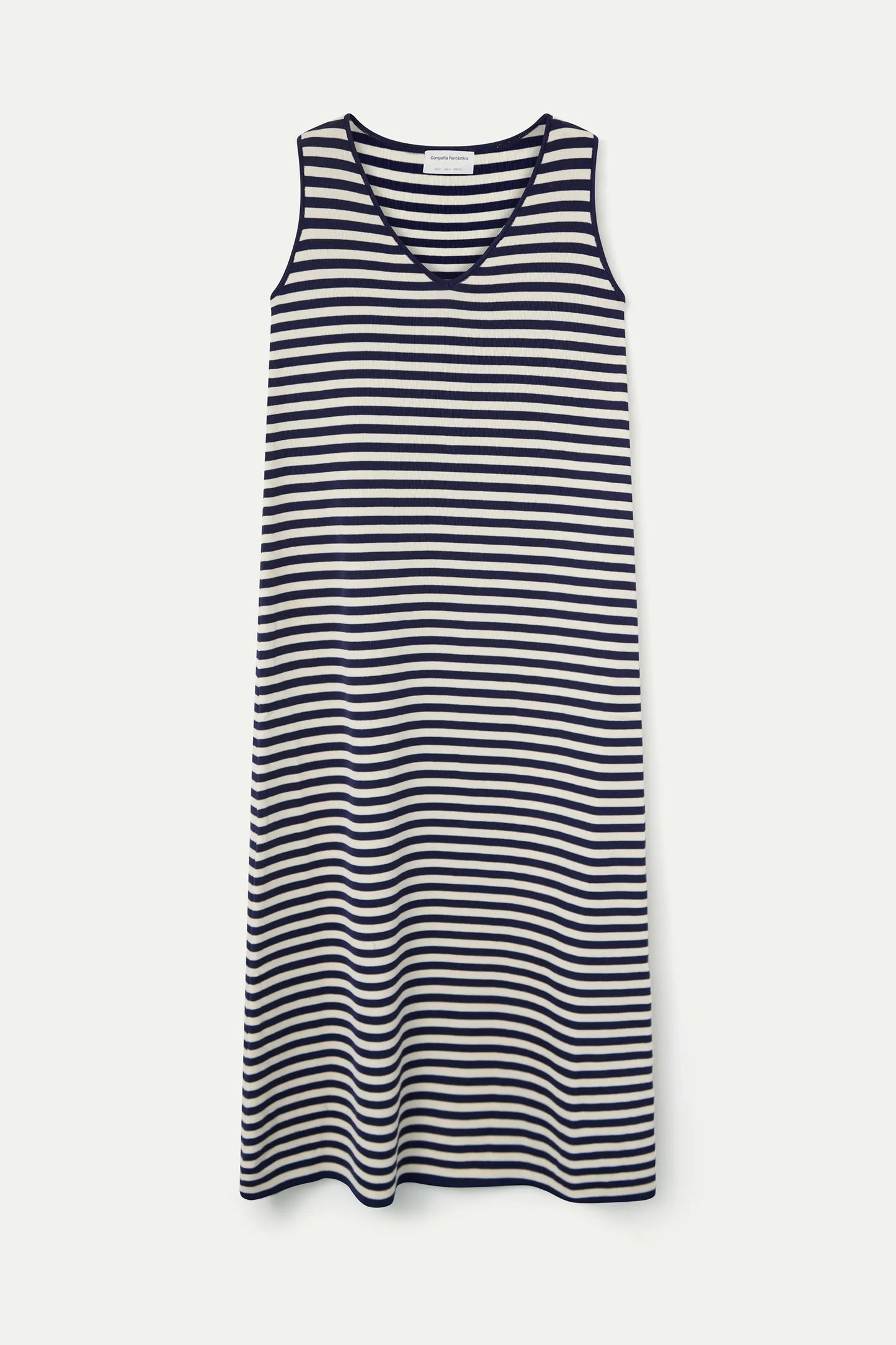 Vestido largo de punto con estampado de rayas blanco y azul marino