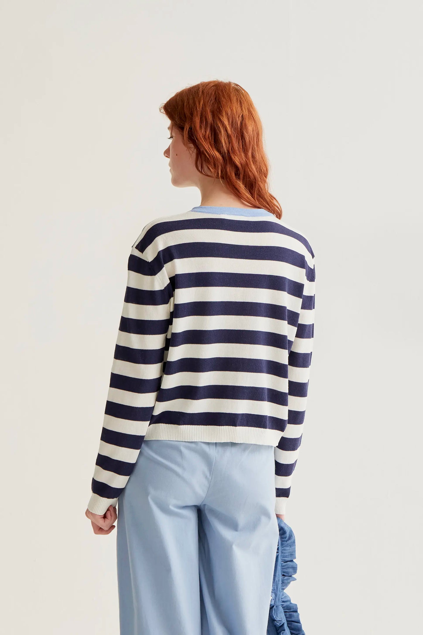 Soft knit cardigan with white and navy striped print
