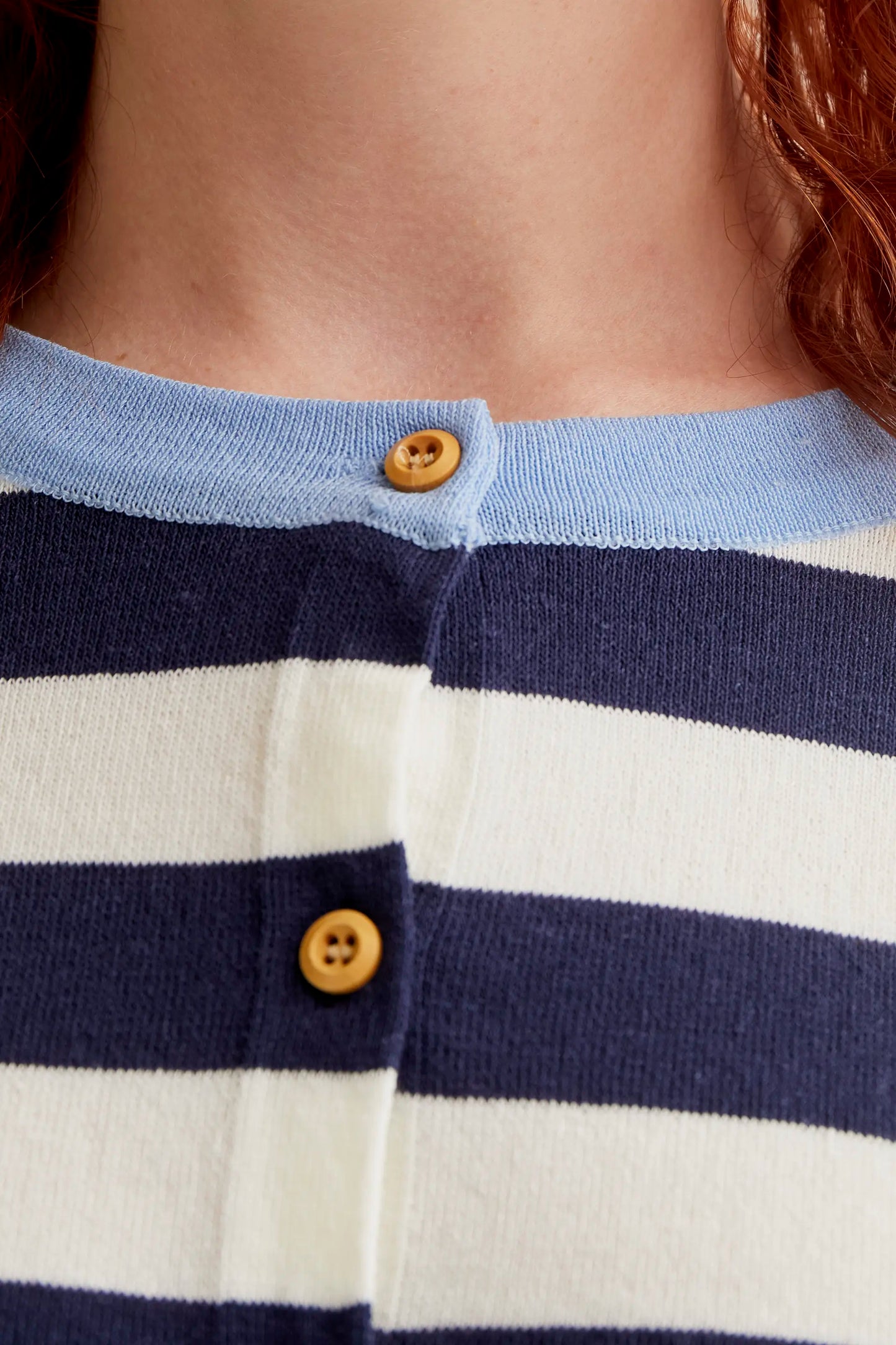 Soft knit cardigan with white and navy striped print