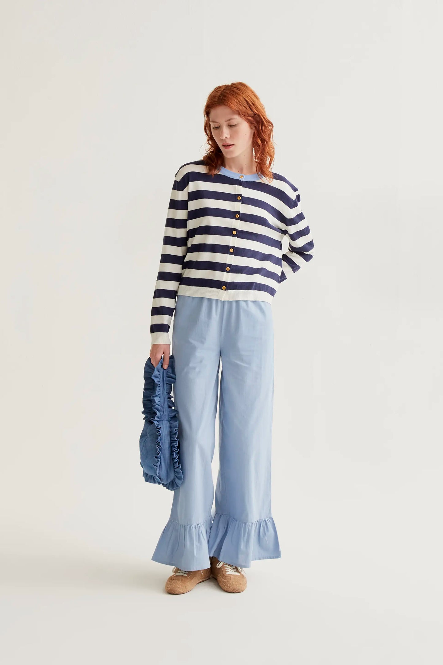 Soft knit cardigan with white and navy striped print