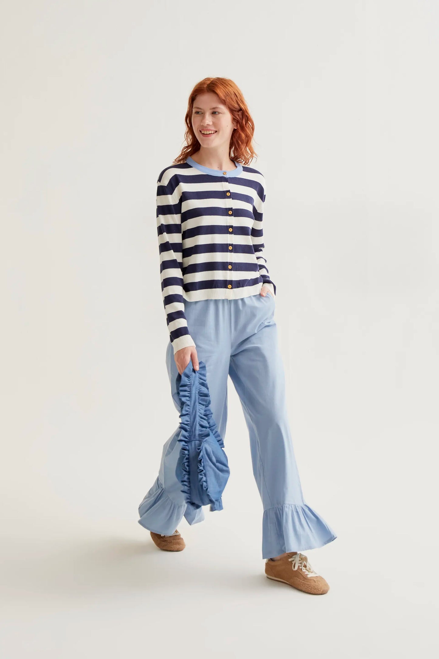 Soft knit cardigan with white and navy striped print