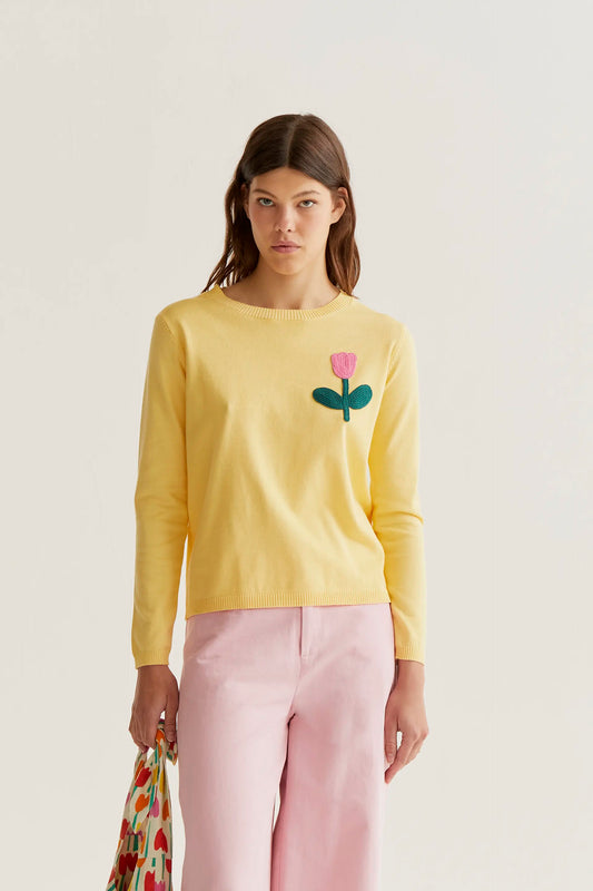 Jersey punto amarillo con bordado de tulipán rosado