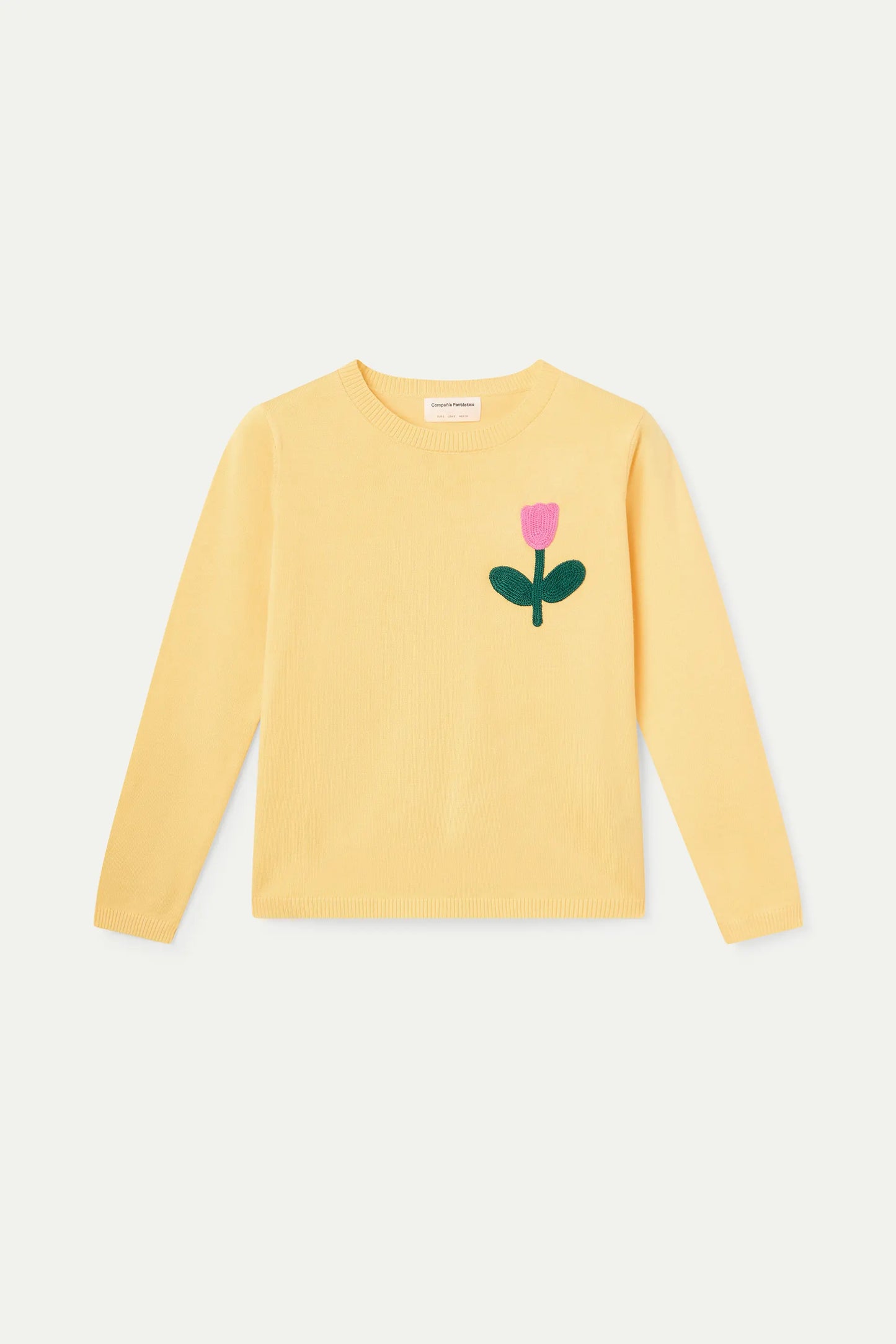 Yellow knit sweater with pink tulip embroidery
