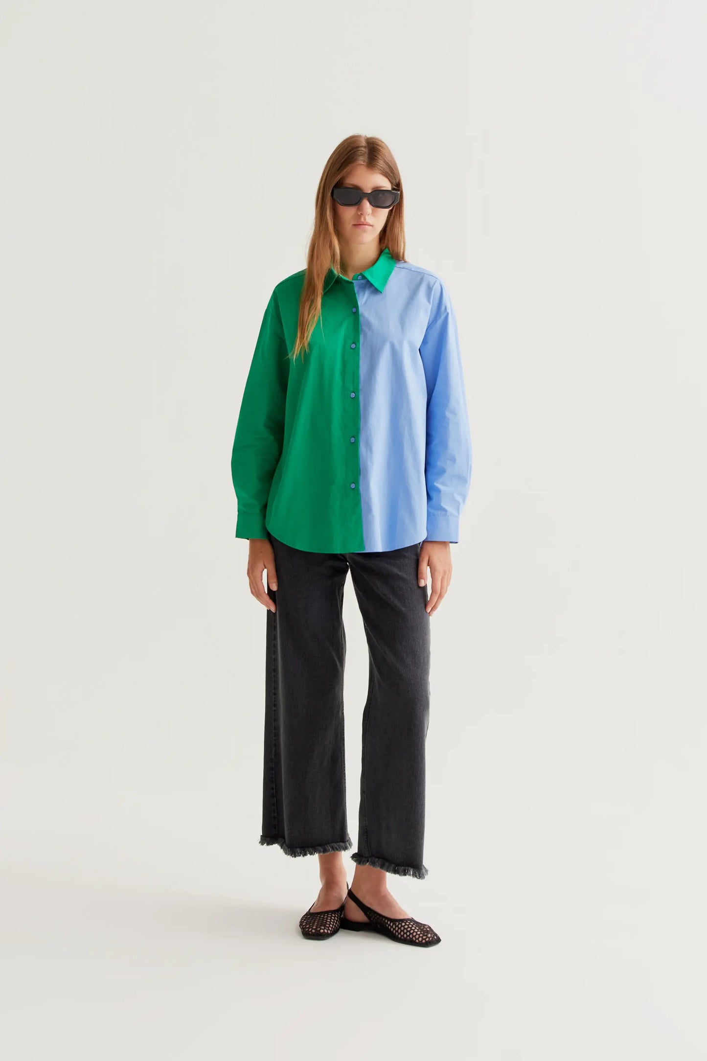 Two-tone green and blue 100% cotton shirt