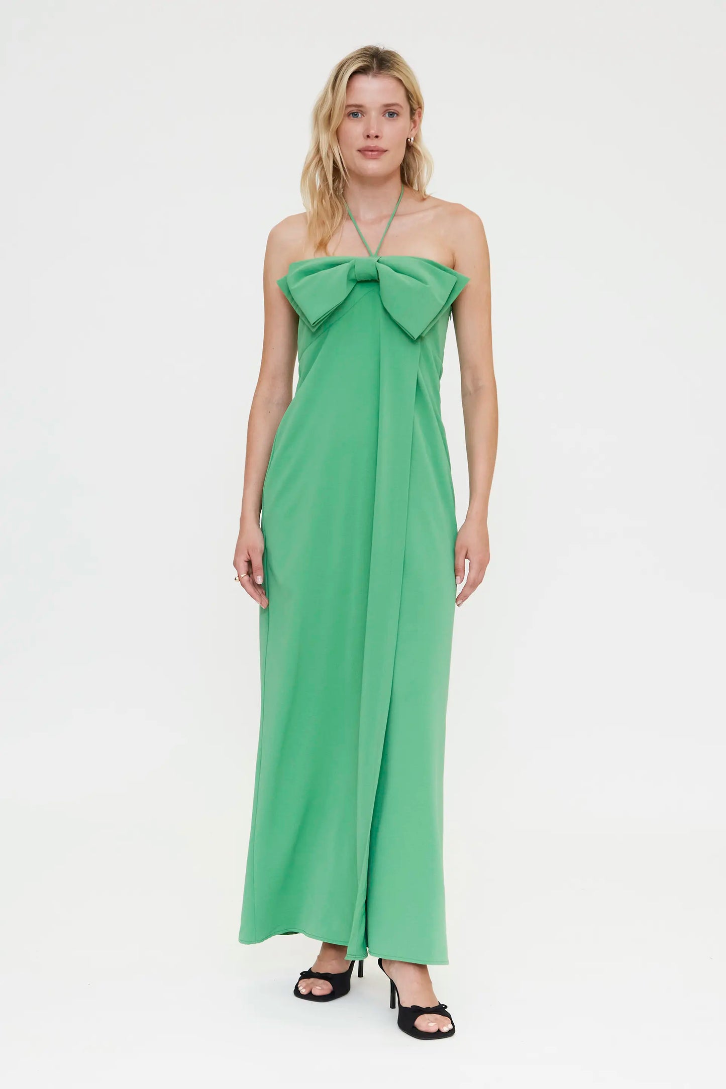 Long green dress with tie detail