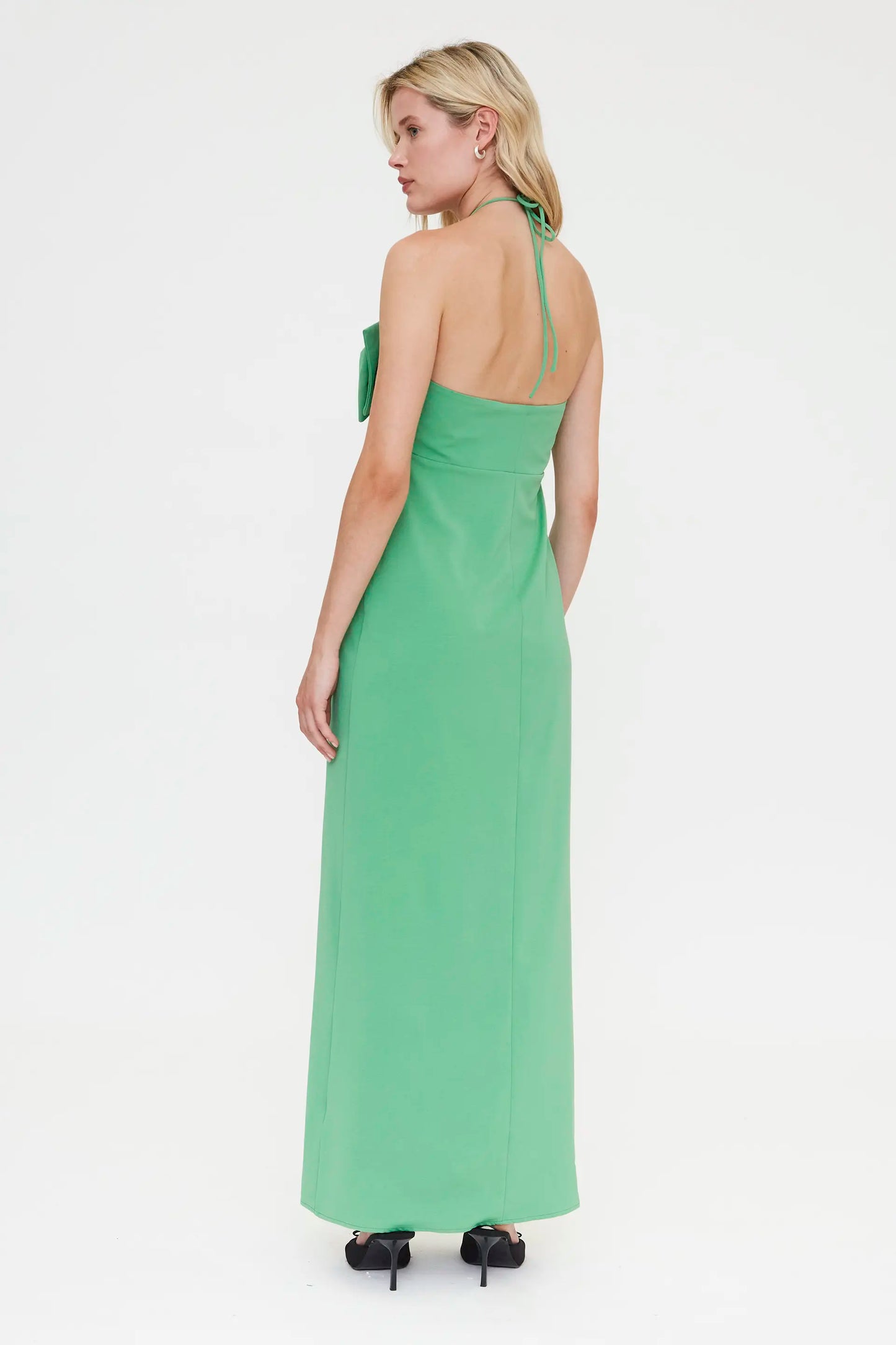 Long green dress with tie detail