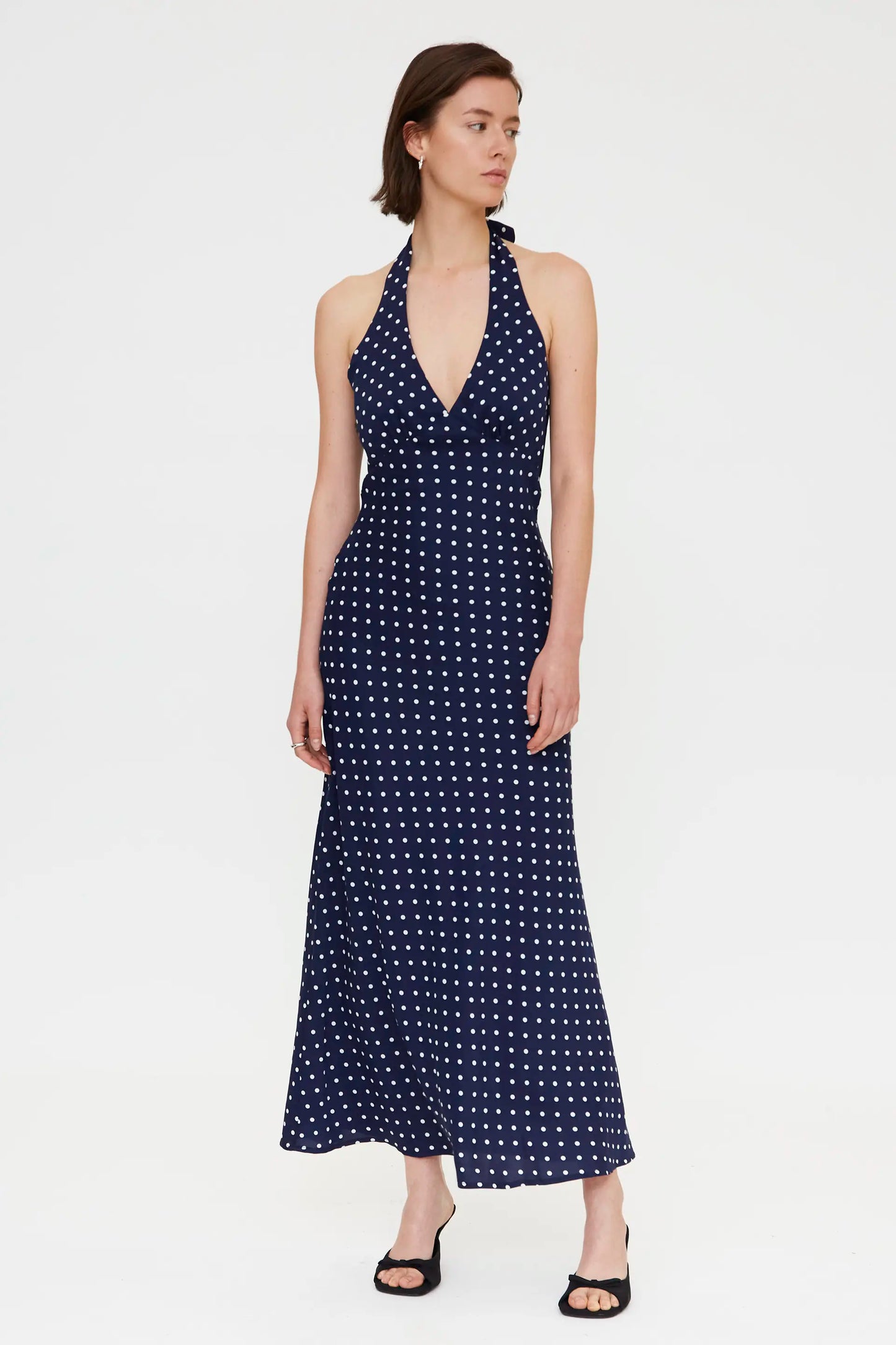 Navy blue mini dot print midi dress