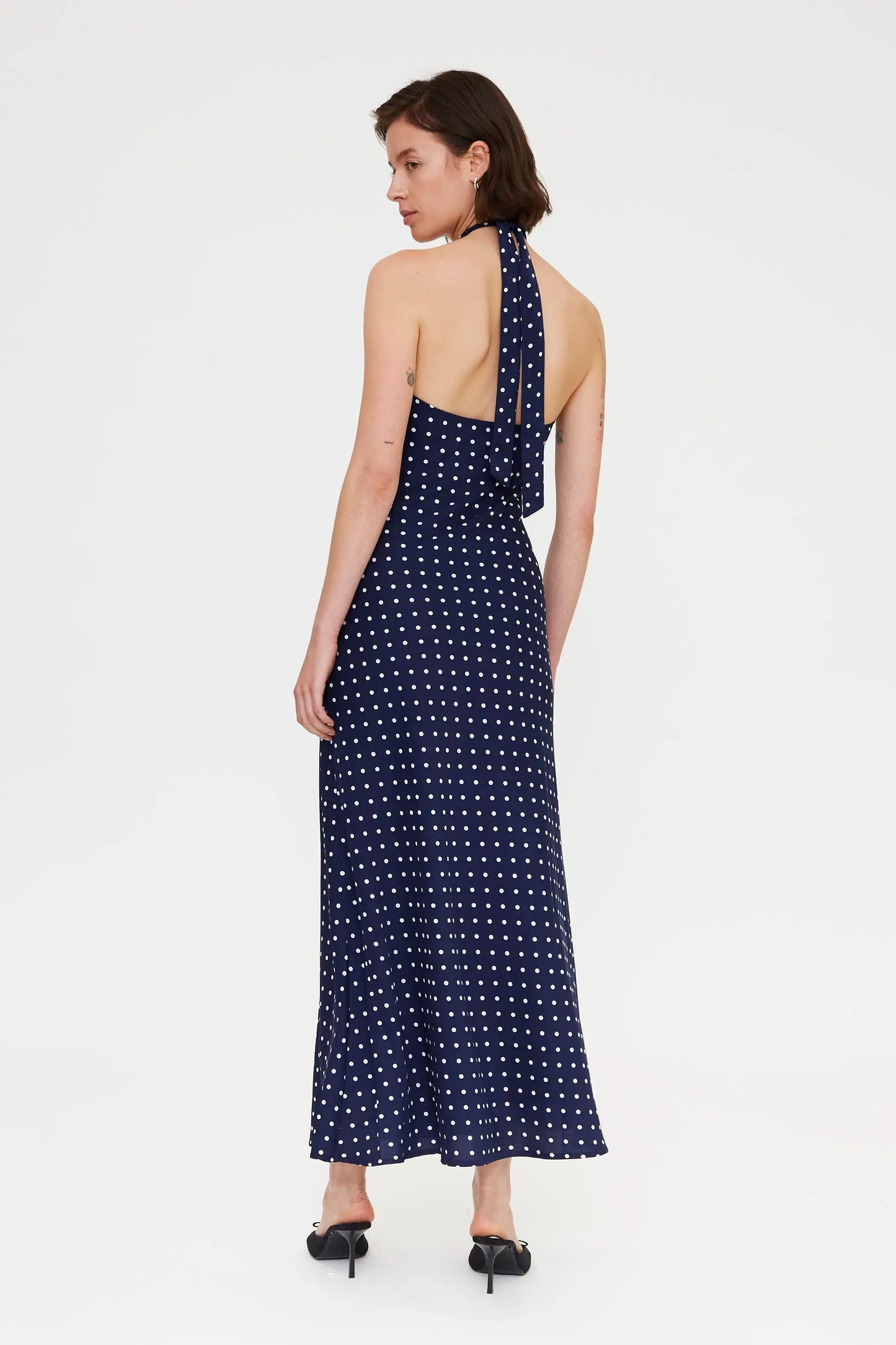 Navy blue mini dot print midi dress