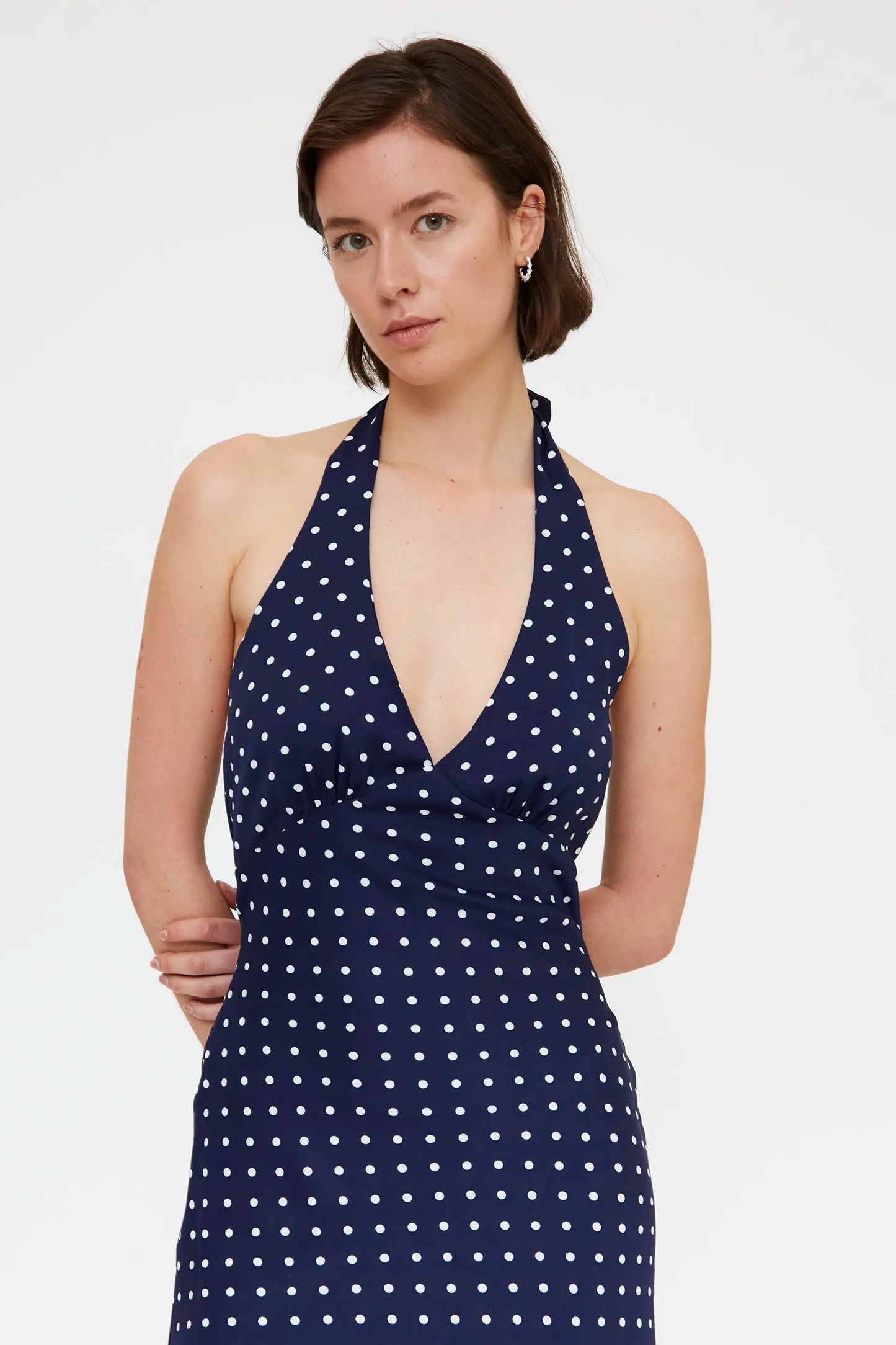 Navy blue mini dot print midi dress