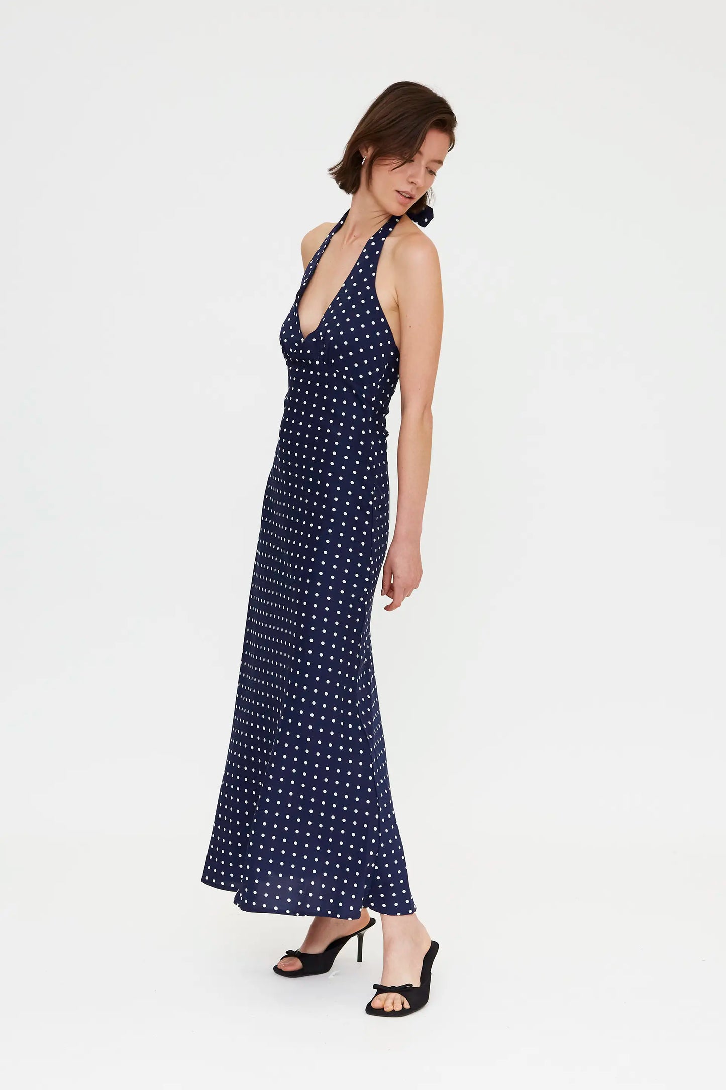 Navy blue mini dot print midi dress