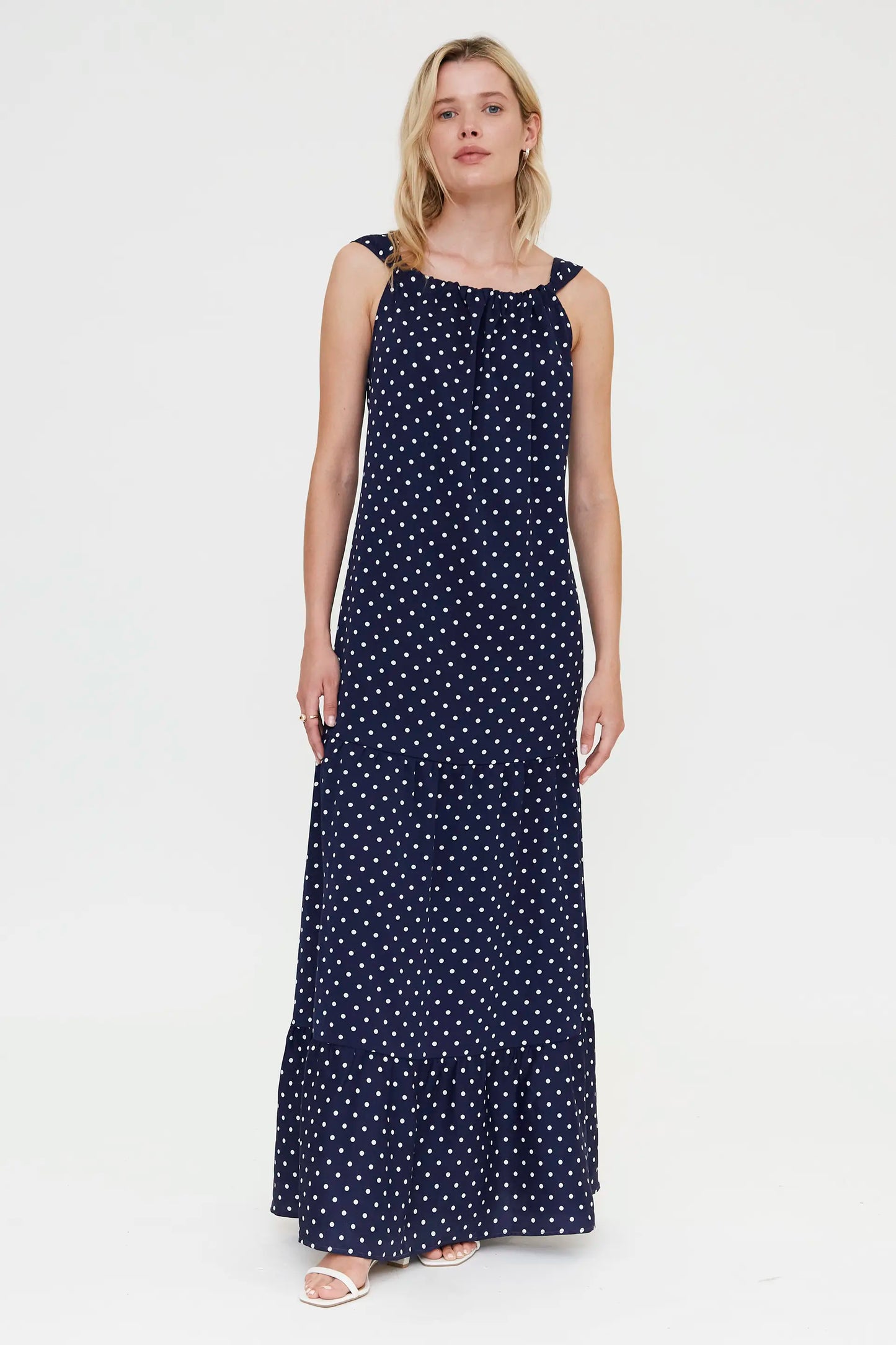 Long dress with navy blue mini dot print