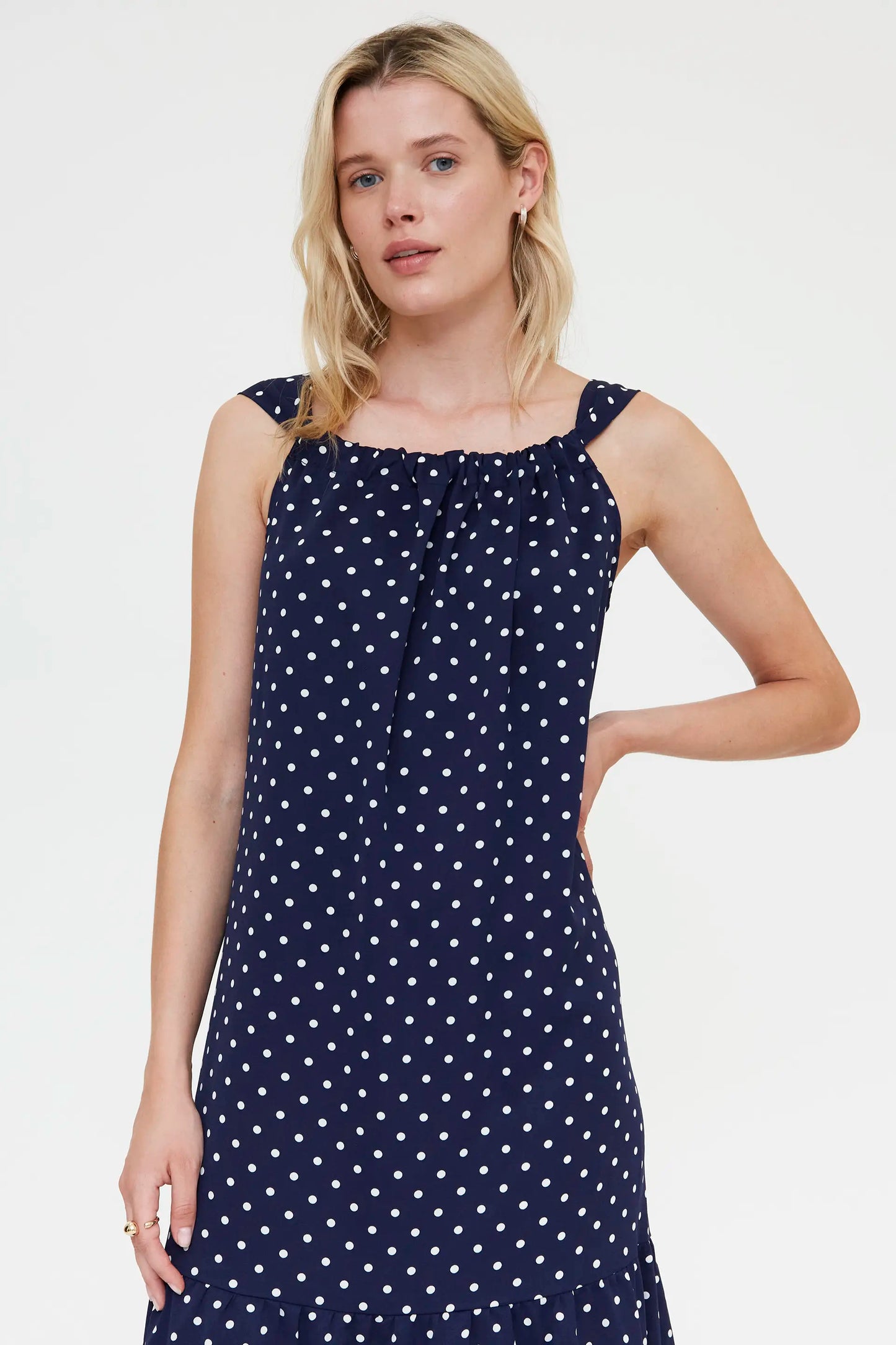 Long dress with navy blue mini dot print
