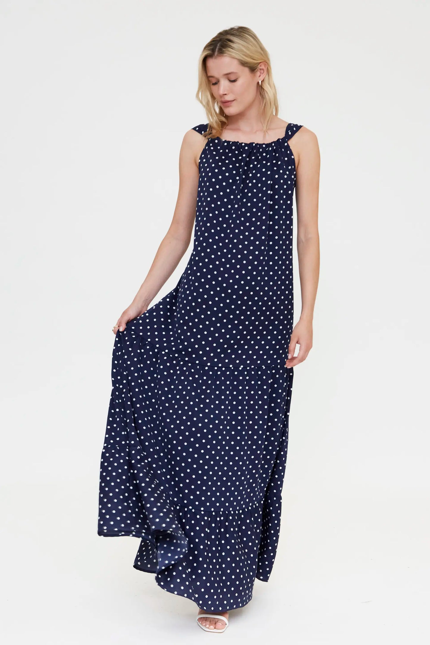 Long dress with navy blue mini dot print