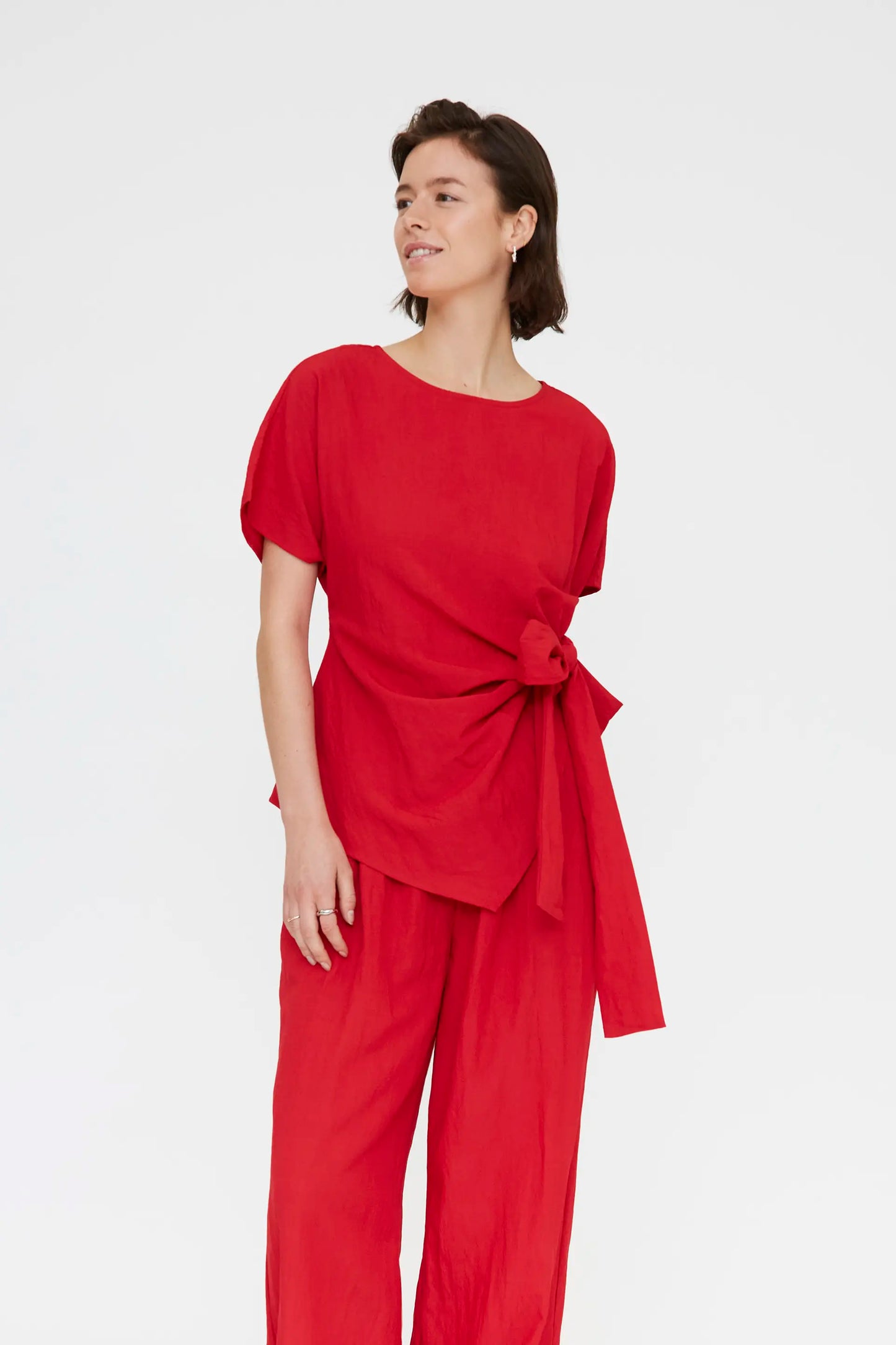 Red top with tie detail