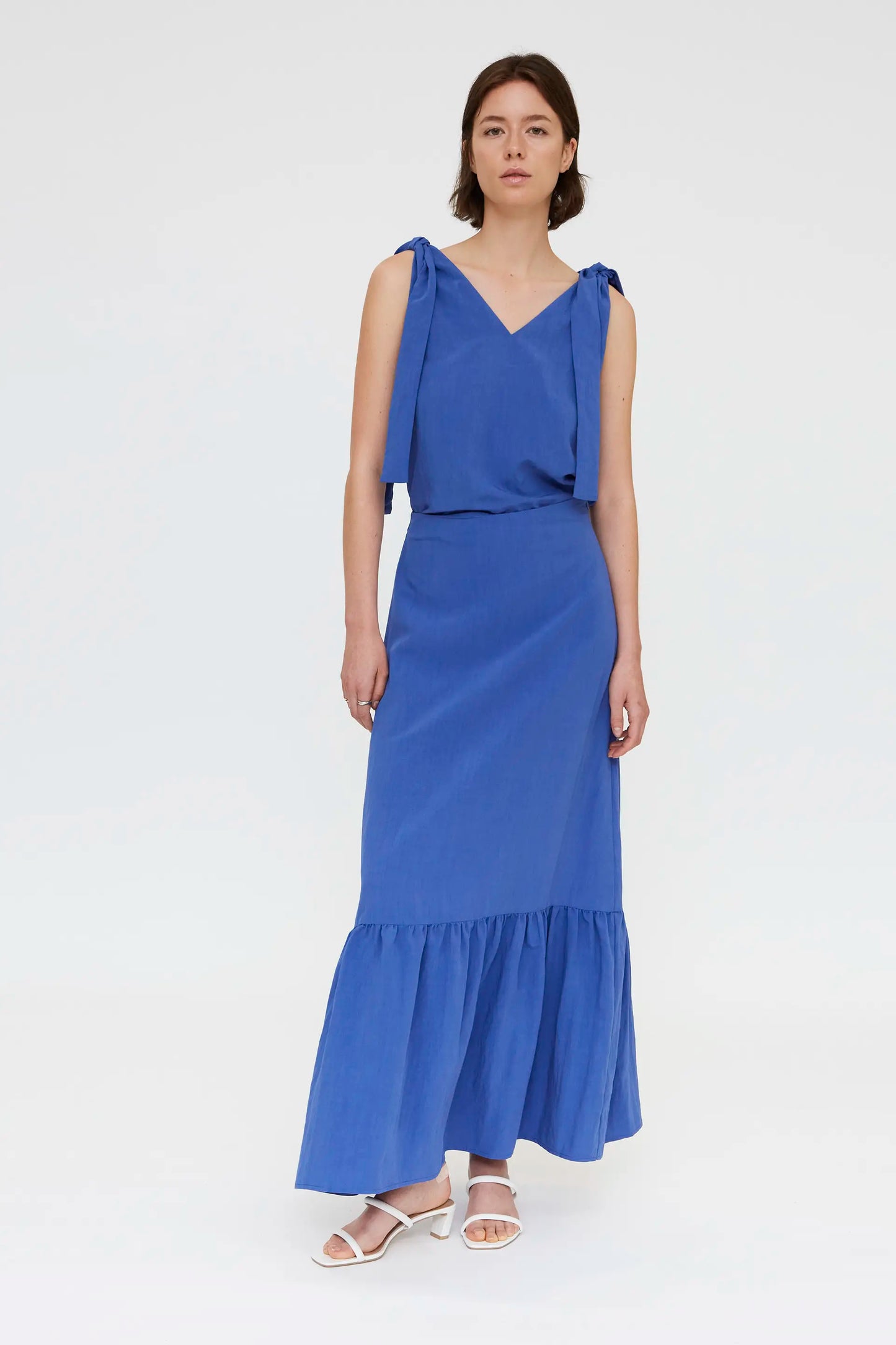 Long blue skirt with ruffles