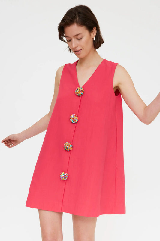 Vestido corto fucsia con botones multicolor