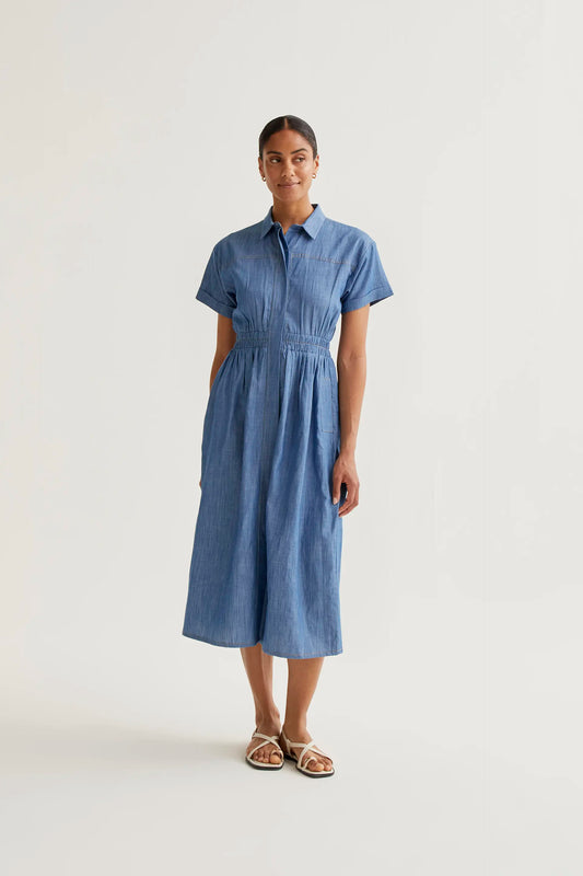 Abito midi in chambray 100% cotone azzurro con maniche corte