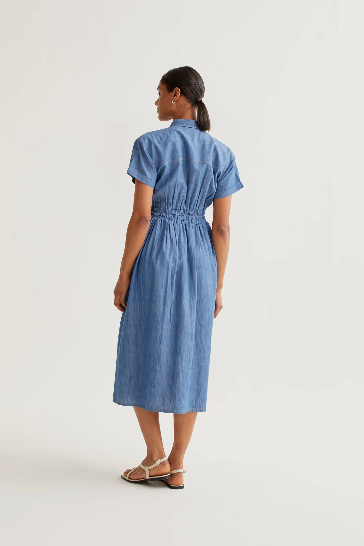 Light blue chambray 100% cotton midi dress with short sleeves