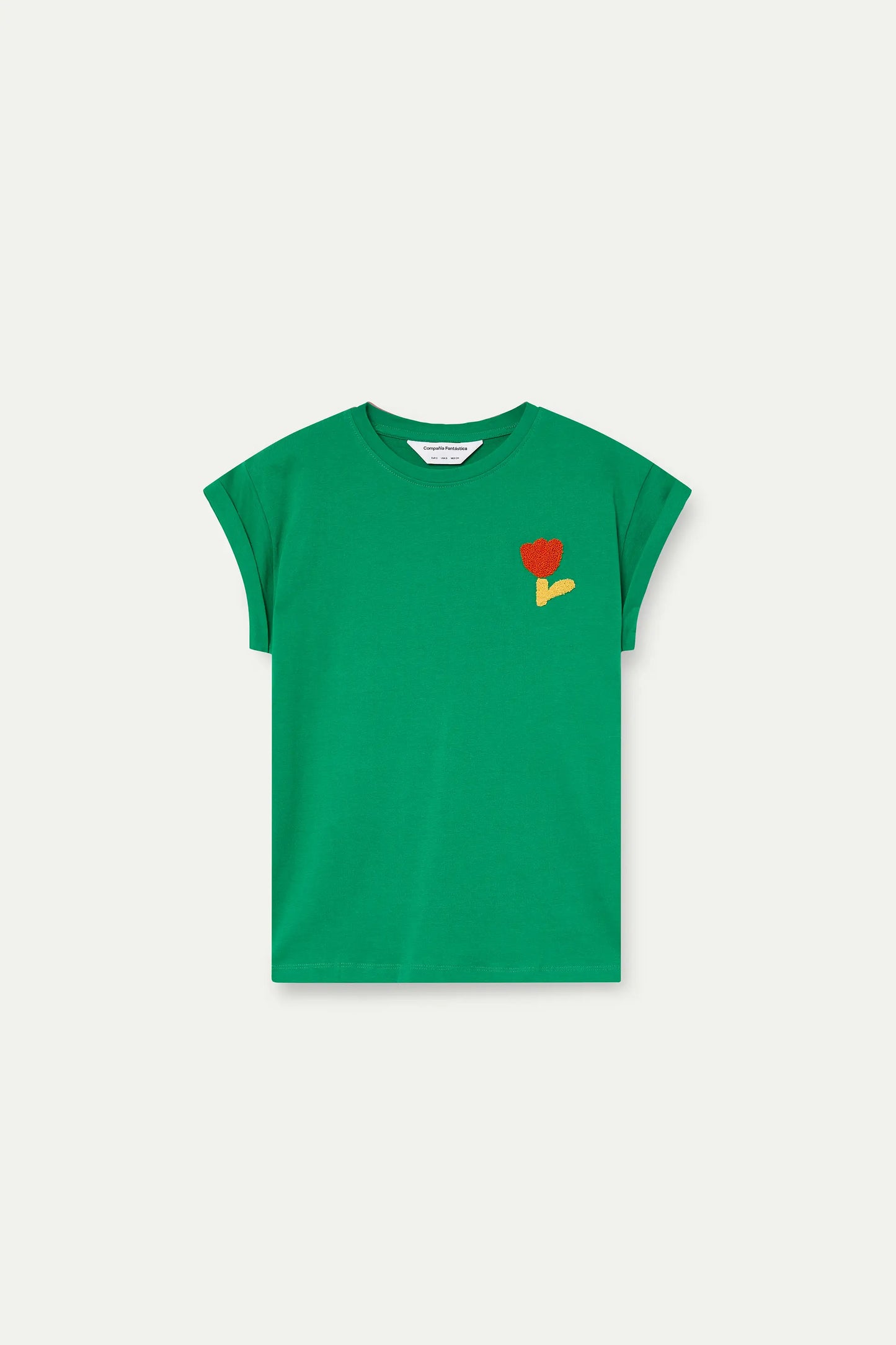 Green t-shirt with red tulip embroidery