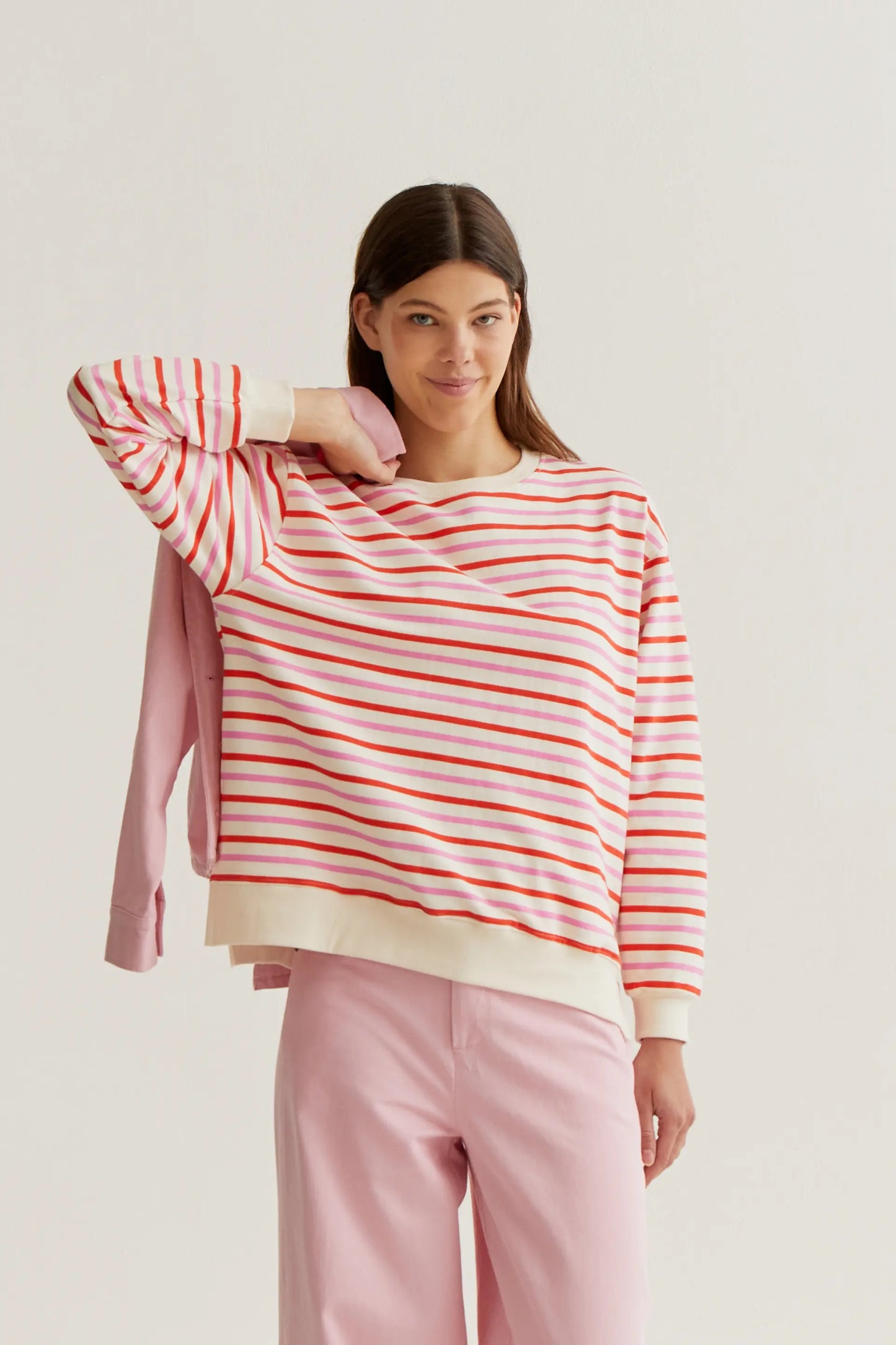 Sweatshirt with pink and red striped print